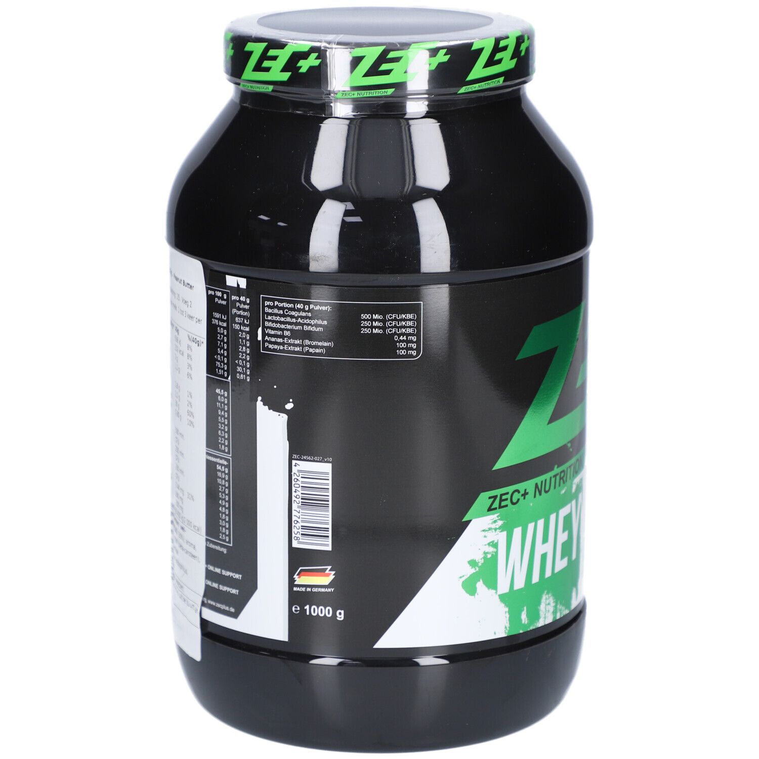 Schwarze Dose mit grünem Deckel. Rückseite mit Nährwertangaben und Barcode. 1000 g.