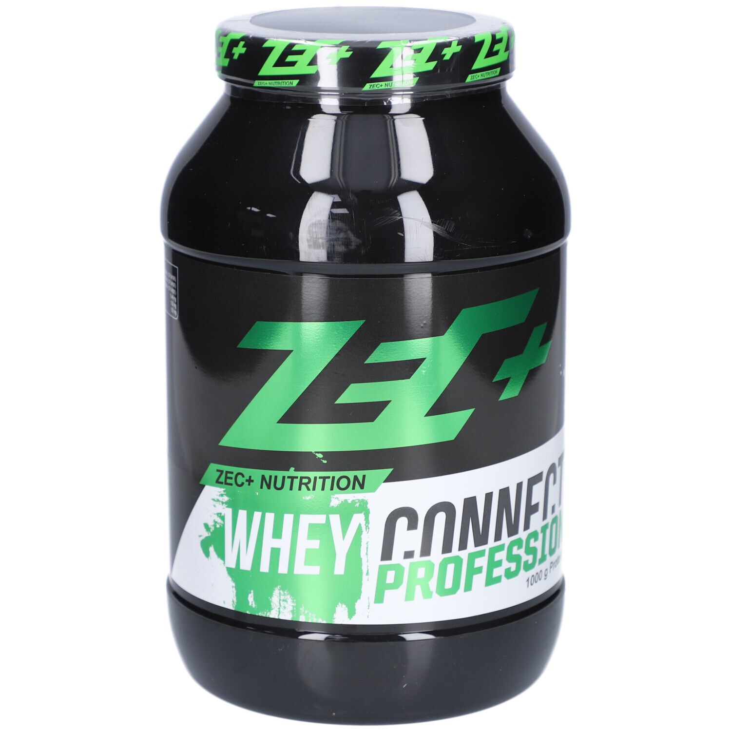 Schwarze Dose mit grünem Deckel. Aufschrift: ZEC+ Whey Connection Professional. 1000 g Protein.