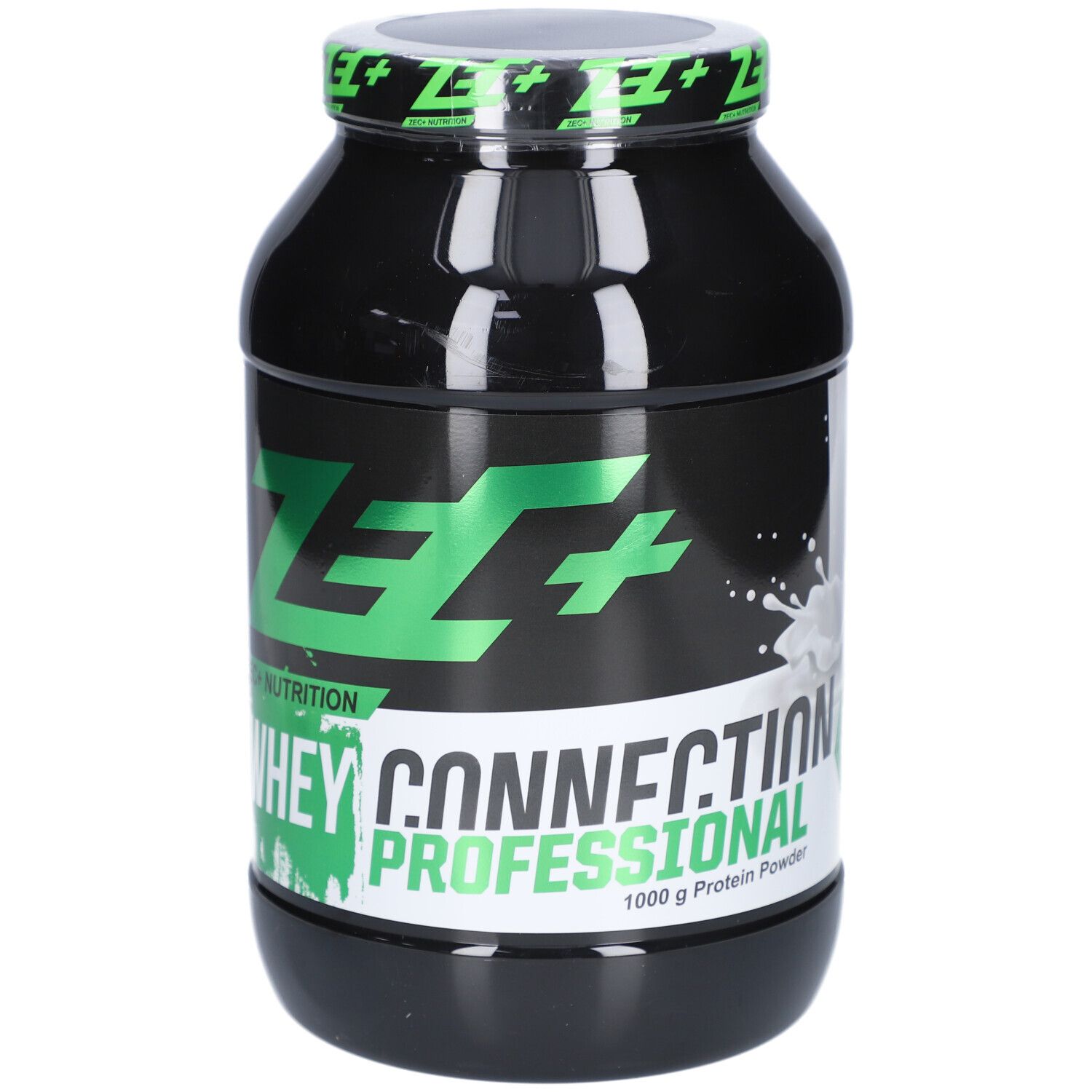 Schwarze Dose mit grünem Deckel. Aufschrift: ZEC+ Whey Connection Professional. 1000 g Protein Powder.