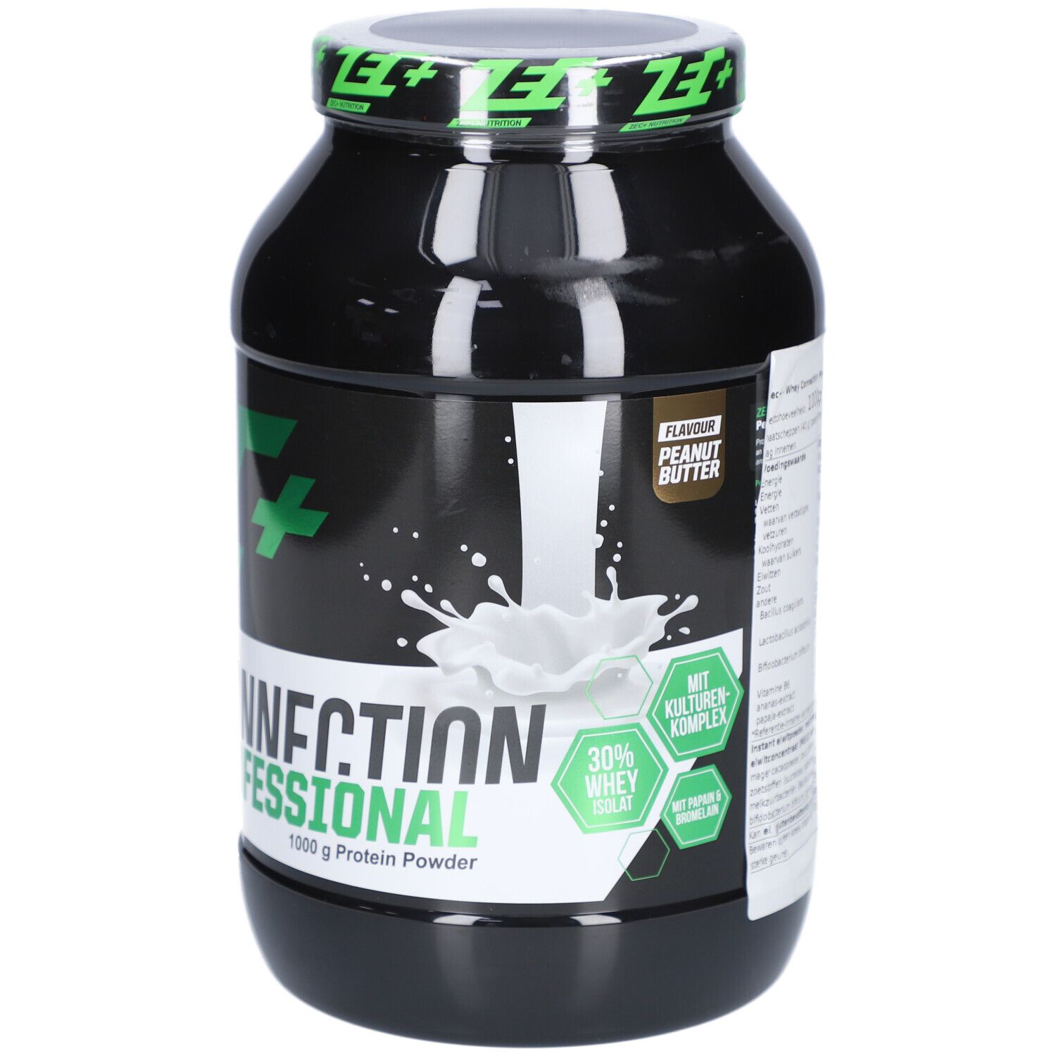 Schwarze Dose mit grünem Deckel. Aufschrift: ZEC+ Whey Connection Professional. Peanut Butter. 1000 g Protein Powder.