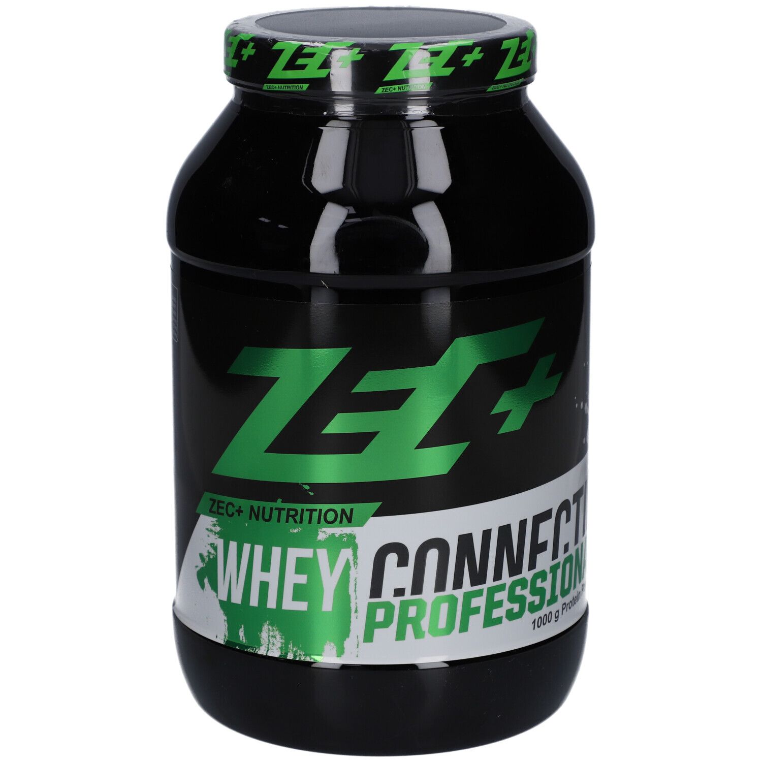 Schwarze Dose mit grünem Deckel und Logo. Aufschrift: ZEC+ Nutrition Whey Connect Professional.