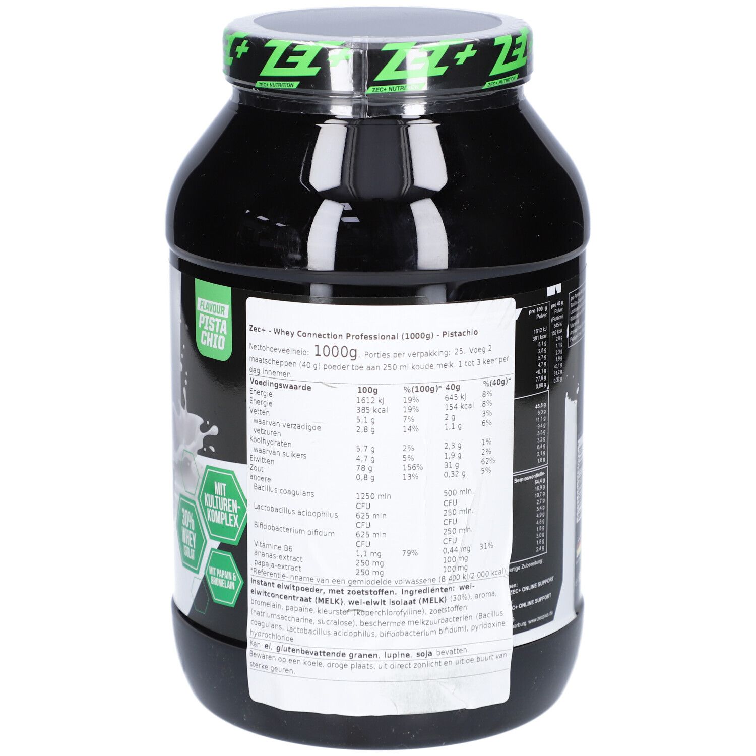 Schwarze Dose mit grünem Deckel. Aufschrift: ZEC+ Whey Connection Professional Pistazie. Nährwertangaben.