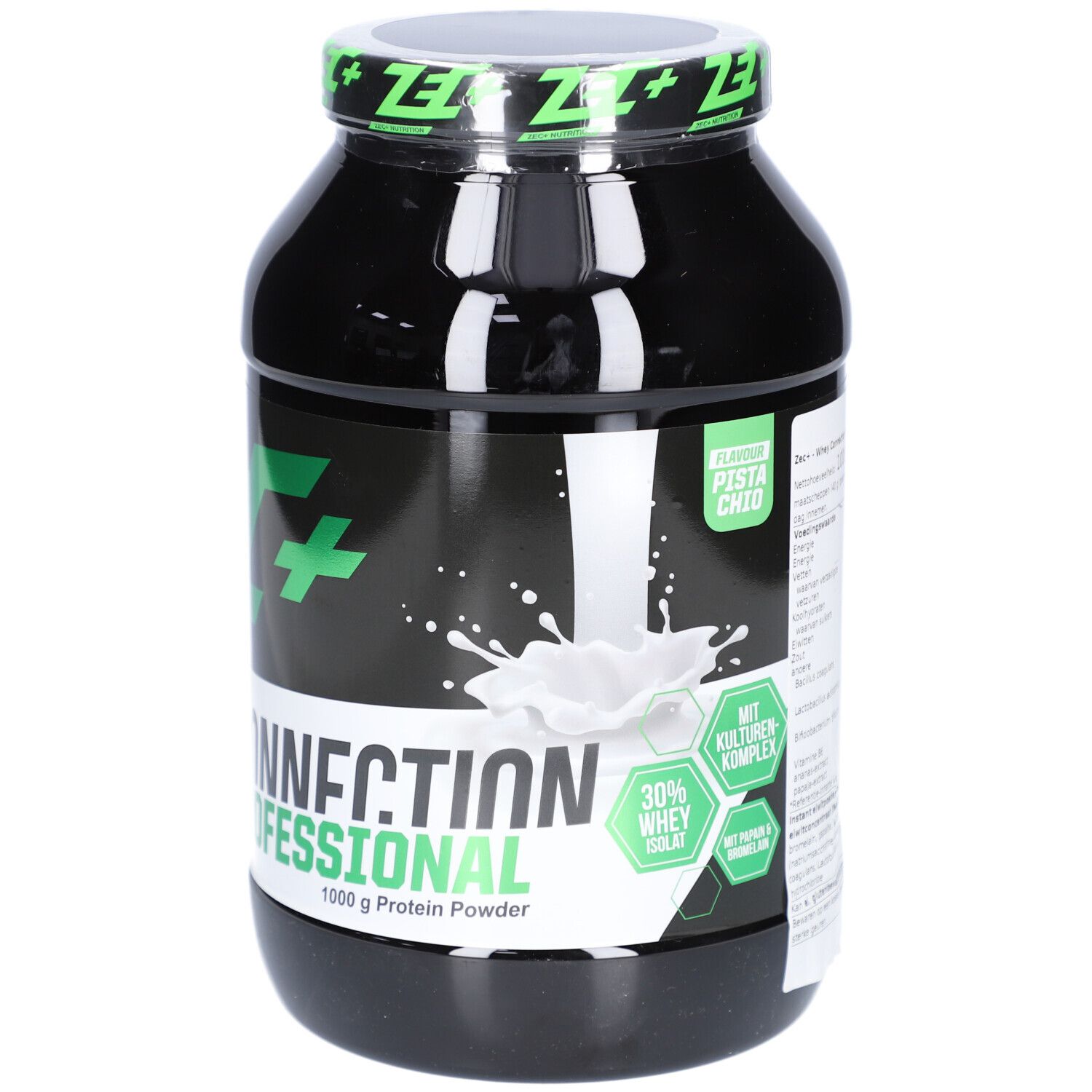 Schwarze Dose mit grünem Deckel und Logo. Aufschrift: ZEC+ Whey Connection Professional 1000 g Protein Powder.