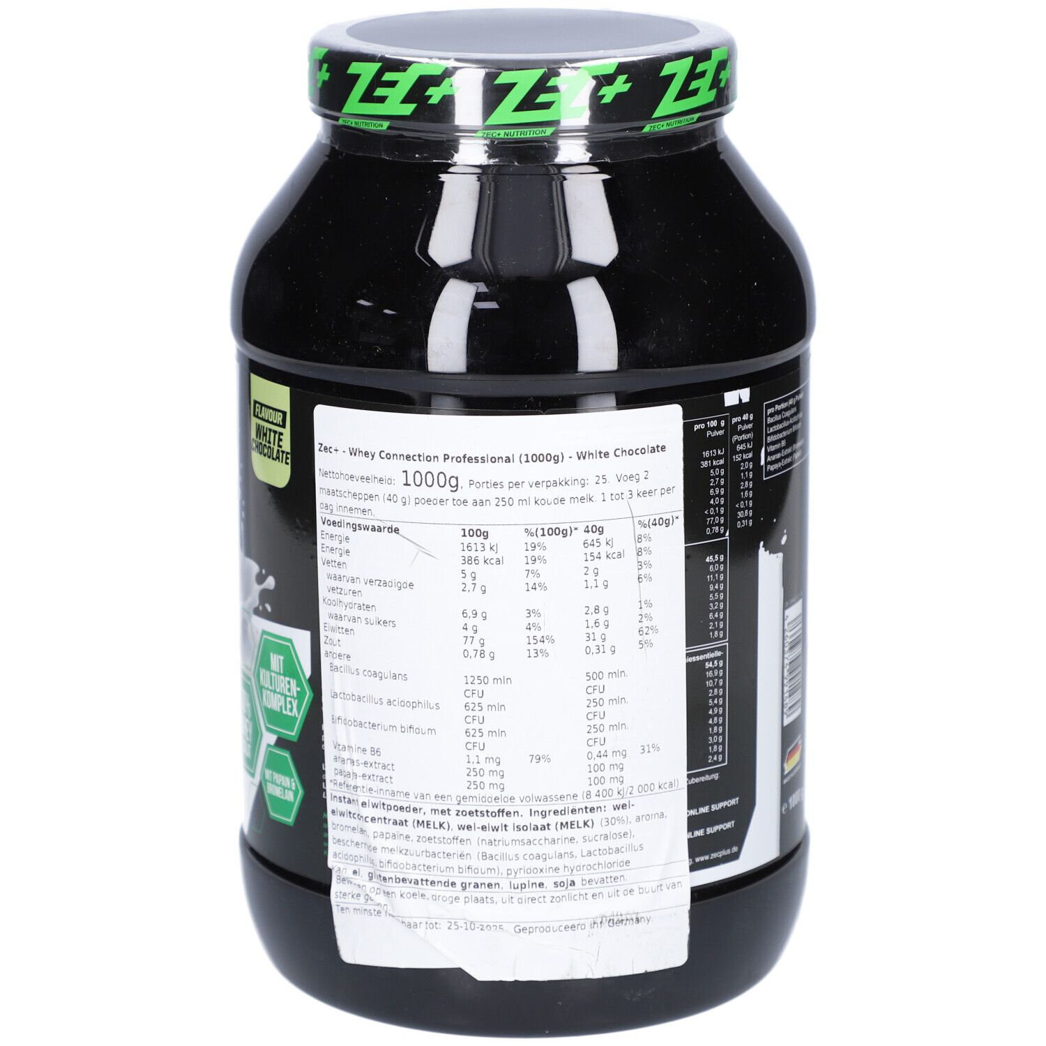 Schwarze Dose mit grünem Deckel und Aufschrift ZEC+. Aufschrift Whey Connection Professional. 1000g.