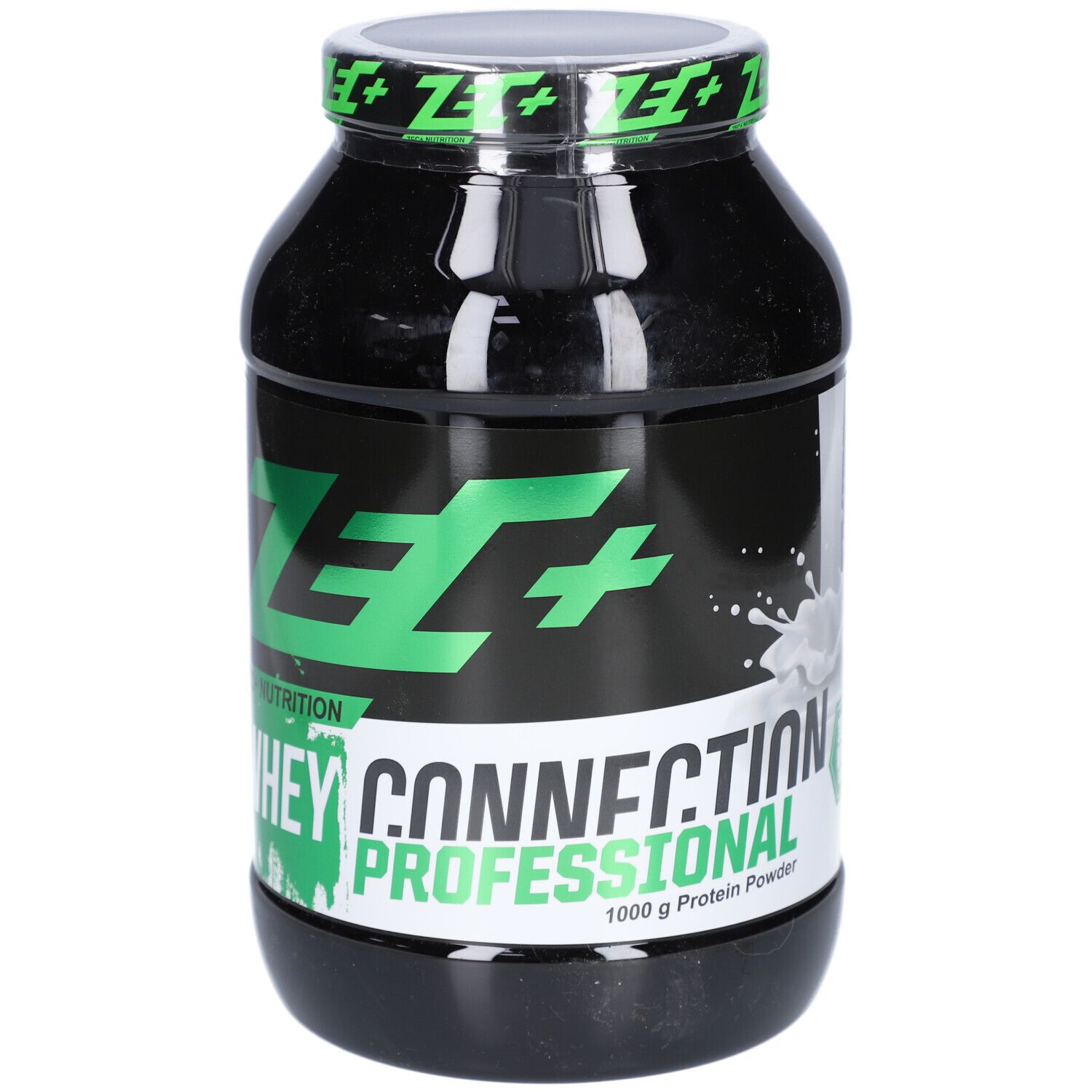 Schwarze Dose mit grünem Deckel und Aufschrift ZEC+. Aufschrift Whey Connection Professional. 1000 g Protein Powder.