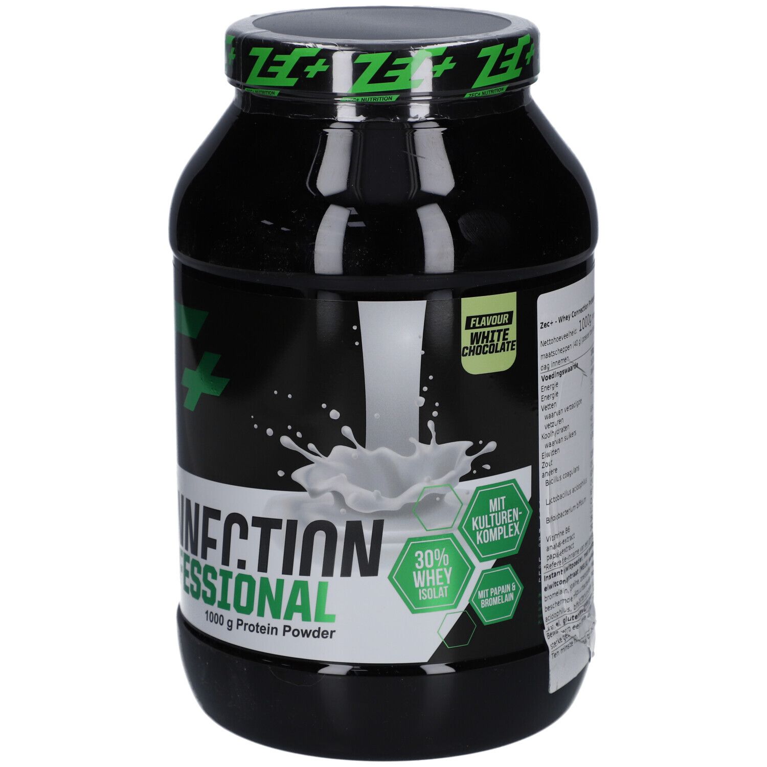 Schwarze Dose mit grünem Deckel und Aufschrift ZEC+. Aufschrift Whey Connection Professional. 1000 g Protein Powder. Geschmack White Chocolate.