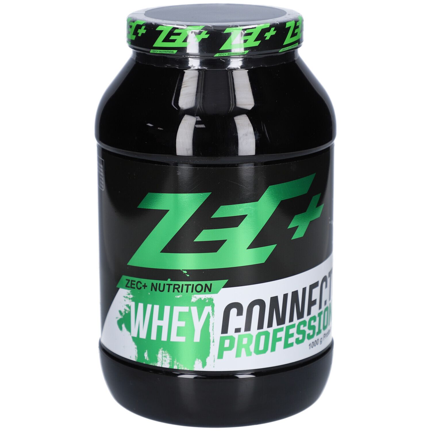 Schwarze Dose mit grünem ZEC+ Logo und Schriftzug Whey Connection Professional. 1000g.
