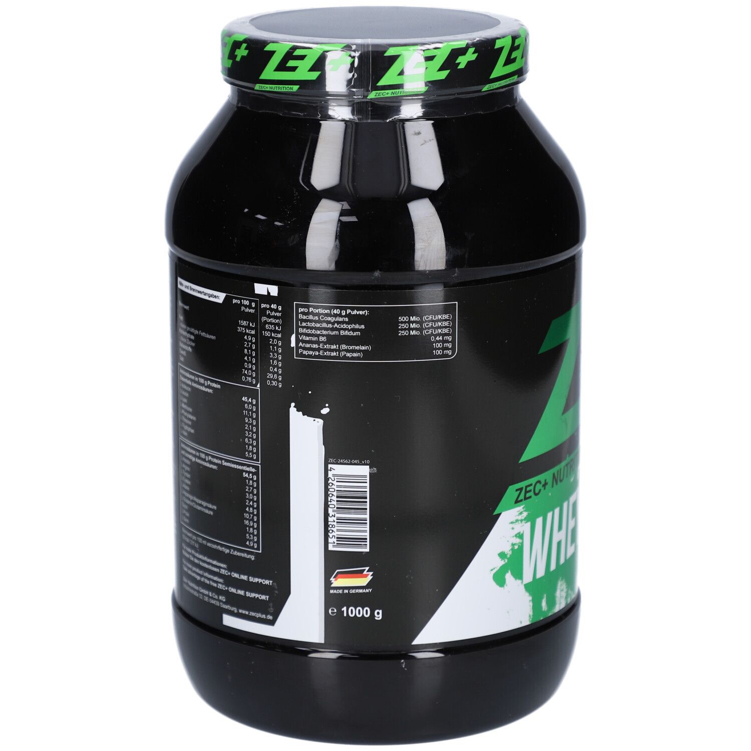 Rückseite der schwarzen Dose mit Nährwertangaben und Barcode. 1000g.