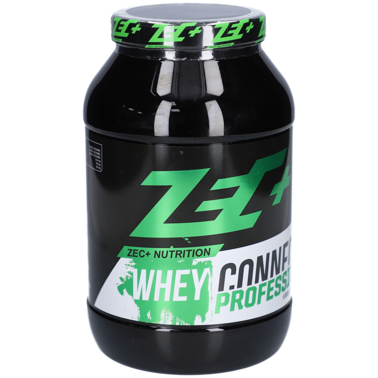 Schwarze Dose mit grünem ZEC+ Logo und Schriftzug Whey Connection Professional. 1000g.