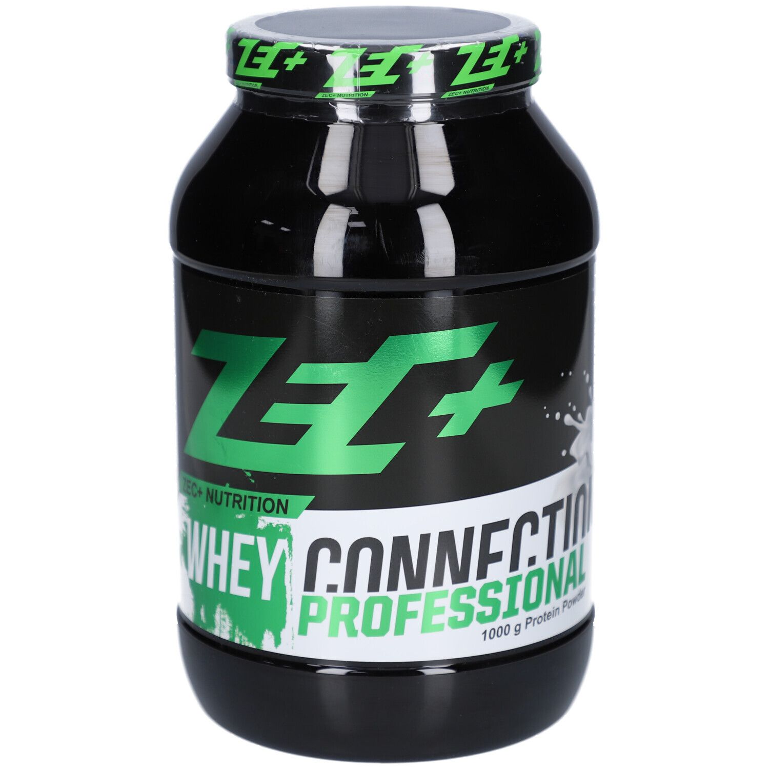 Schwarze Dose mit grünem ZEC+ Logo und Schriftzug Whey Connection Professional. 1000g Protein Powder.