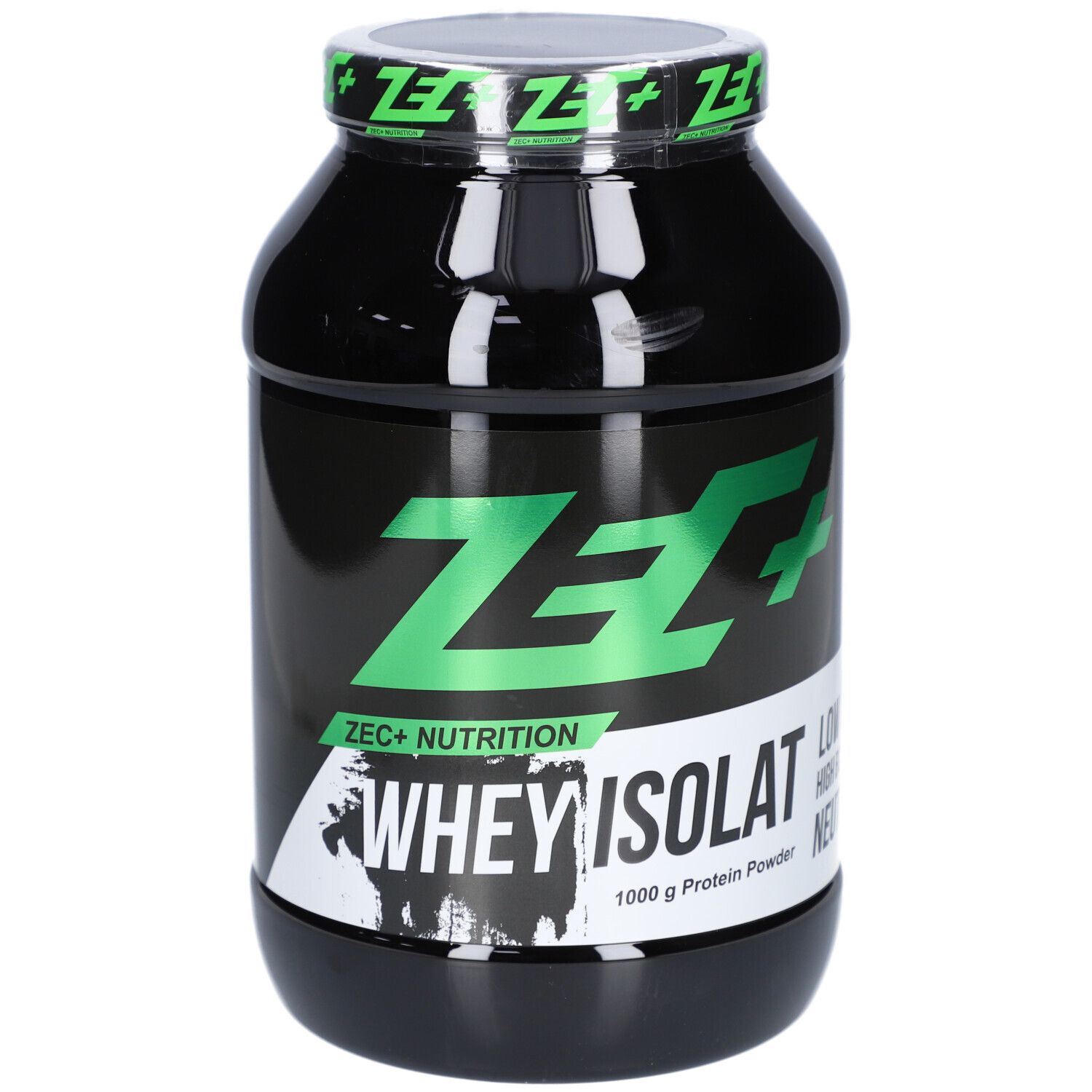 Schwarze Dose mit grünem Deckel. Aufschrift: ZEC+ WHEY ISOLAT. 1000 g Protein Powder.