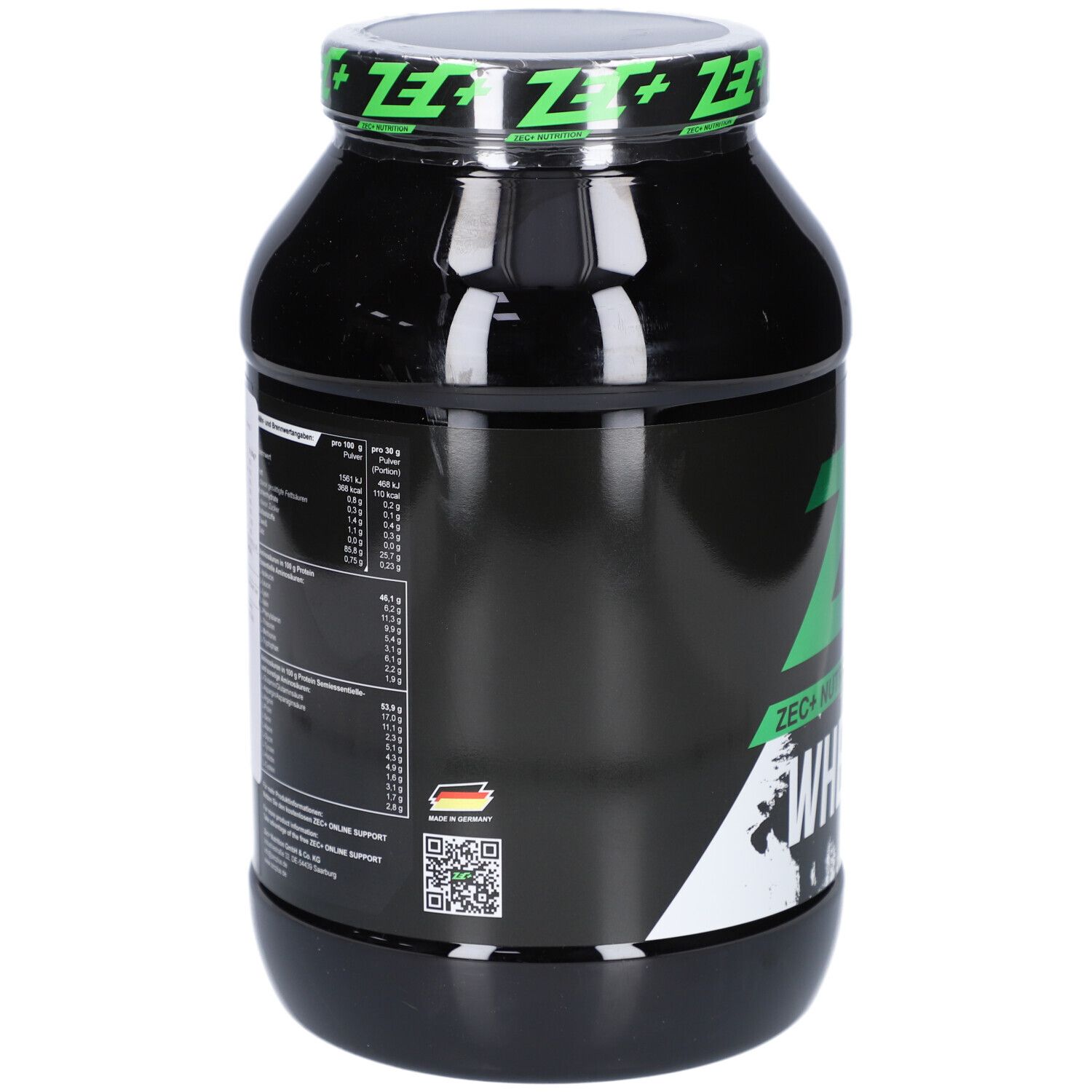 Schwarze Dose mit Nährwertangaben und QR-Code. Aufschrift: ZEC+ WHEY ISOLAT.