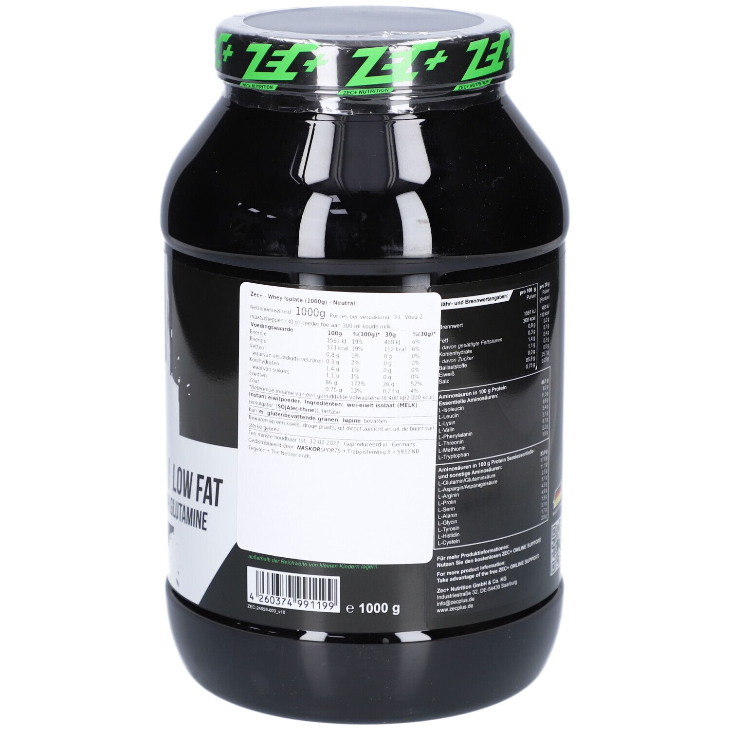 Schwarze Dose mit Nährwertangaben. Aufschrift: ZEC+ WHEY ISOLAT. 1000 g.