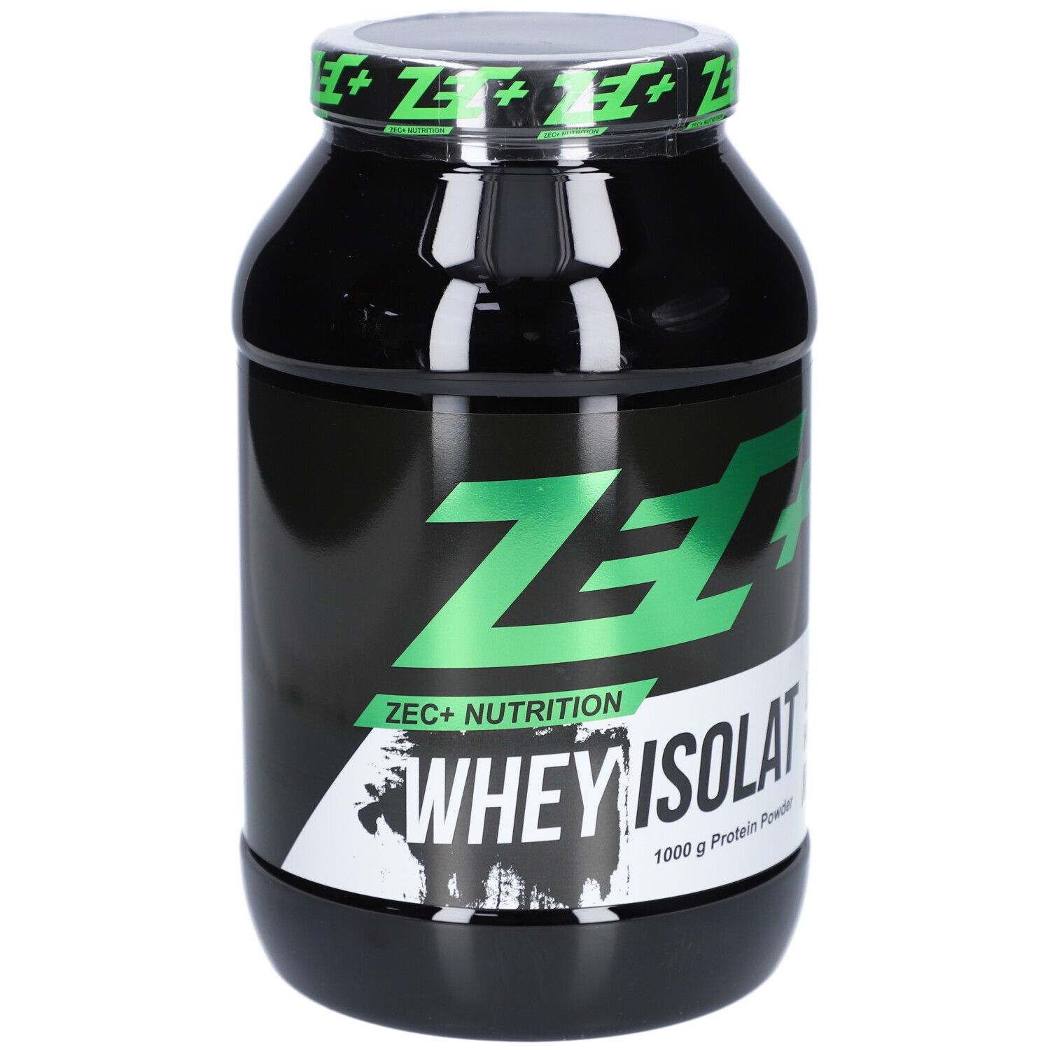 Schwarze Dose mit grünem Deckel. Aufschrift: ZEC+ WHEY ISOLAT. 1000 g Protein Powder.