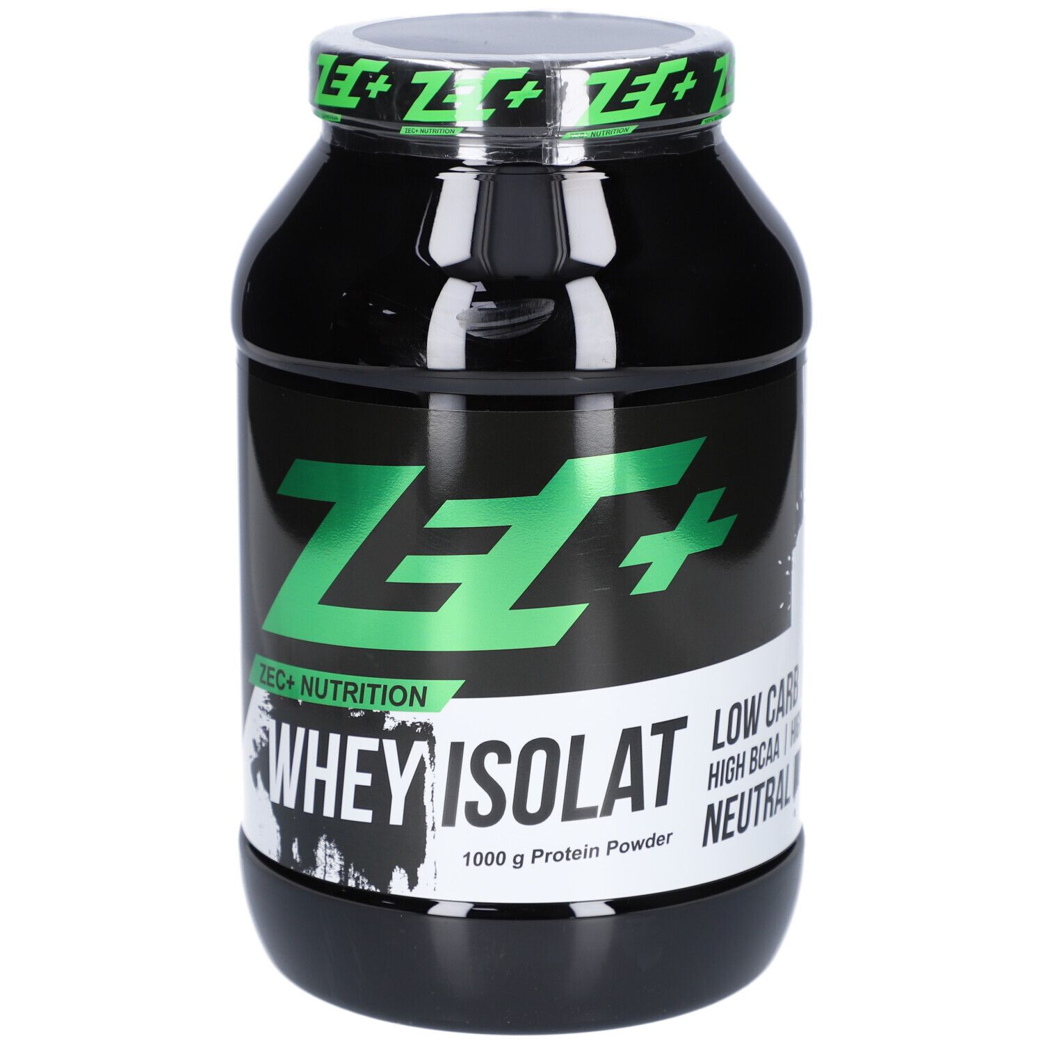 Schwarze Dose mit grünem Deckel. Aufschrift: ZEC+ WHEY ISOLAT. Low Carb, High BCAA.