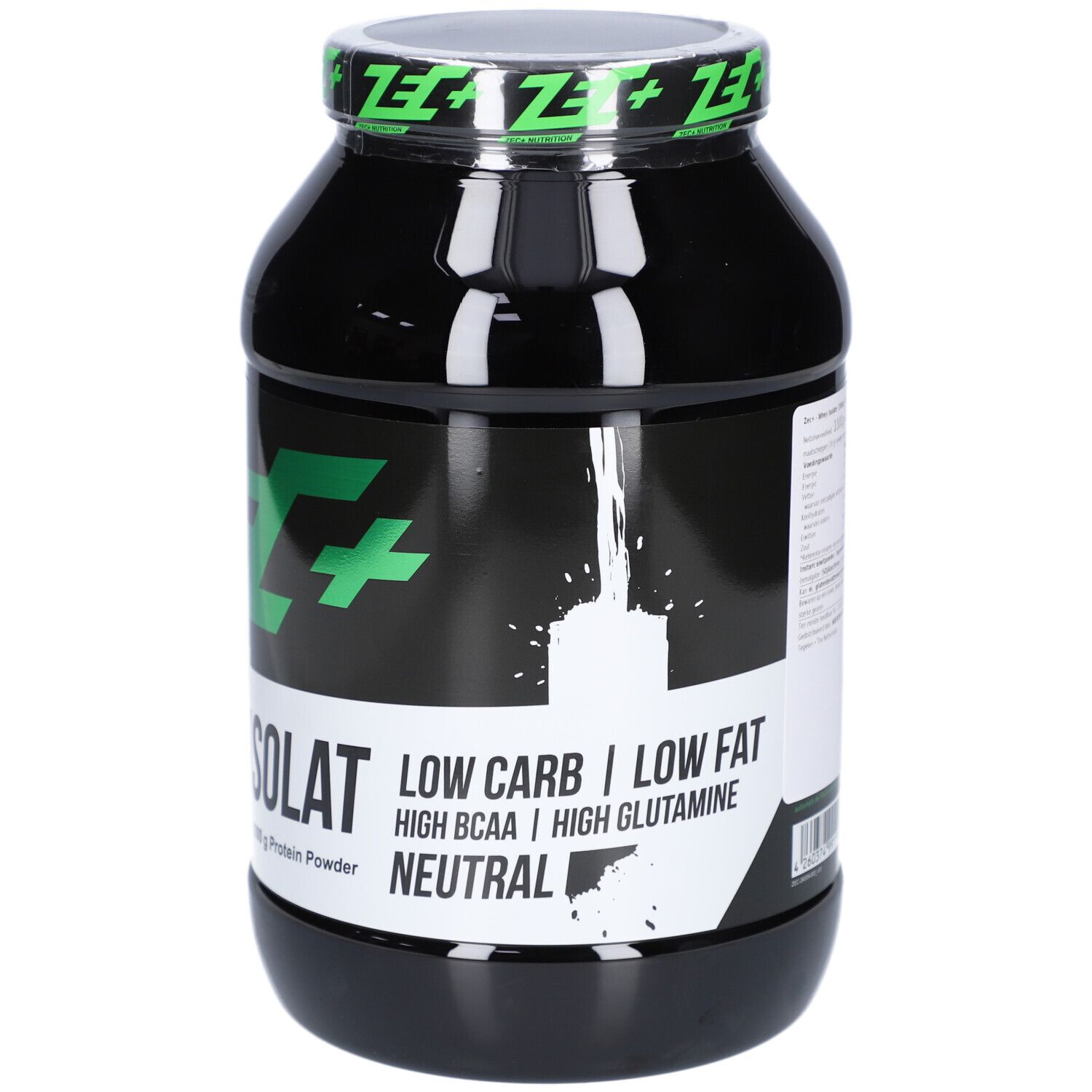 Schwarze Dose mit grünem Deckel. Aufschrift: ZEC+ WHEY ISOLAT. Low Carb, Low Fat.