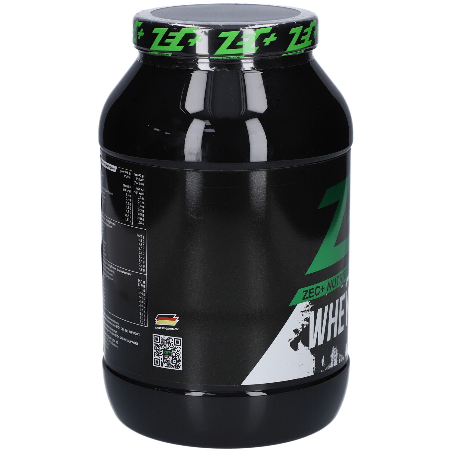 Schwarzer Behälter mit grünem Deckel. Auf der Seite Nährwertangaben und QR-Code. Marke: ZEC+.