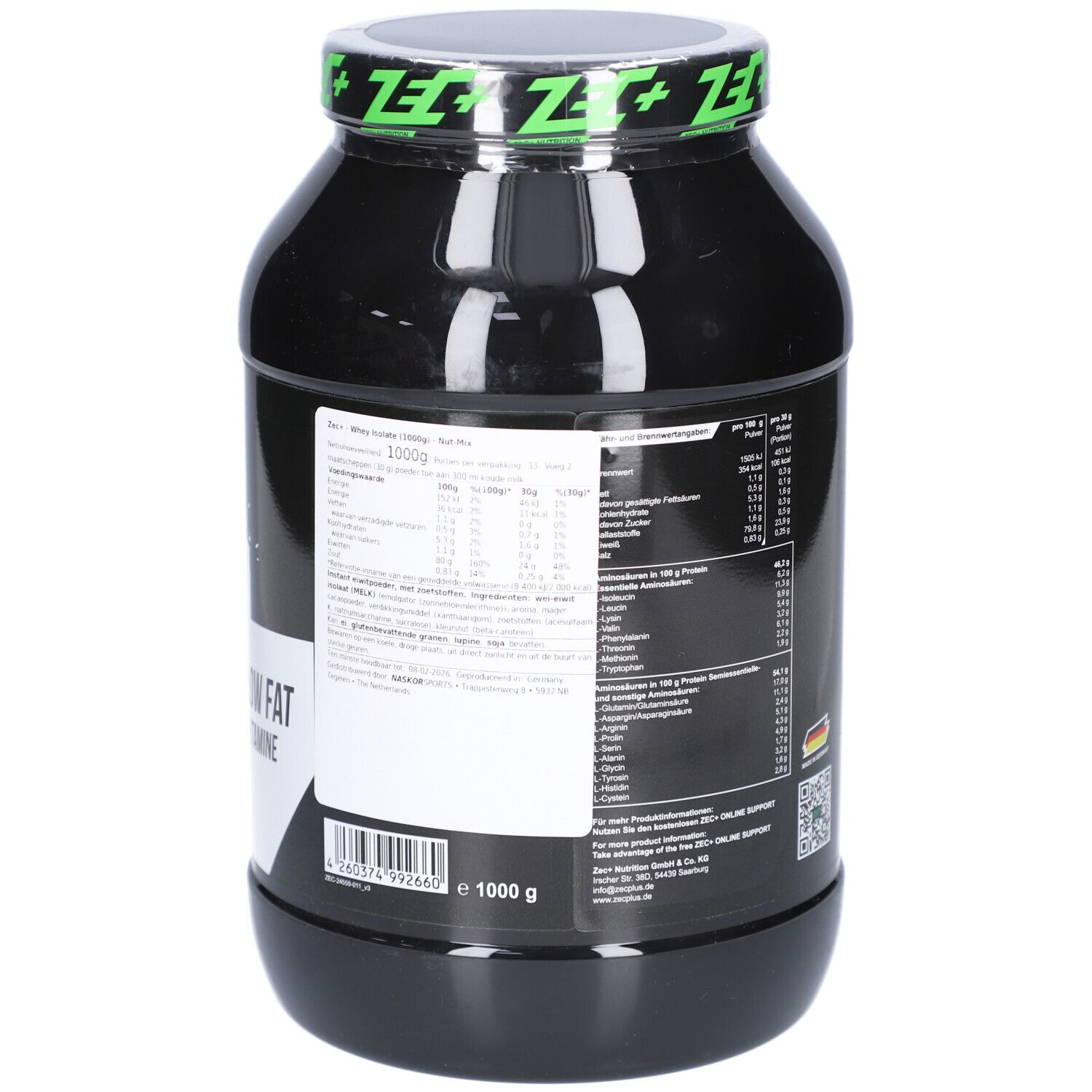 Schwarzer Behälter mit grünem Deckel. Aufschrift: ZEC+ WHEY ISOLAT, 1000 g. Nährwertangaben.