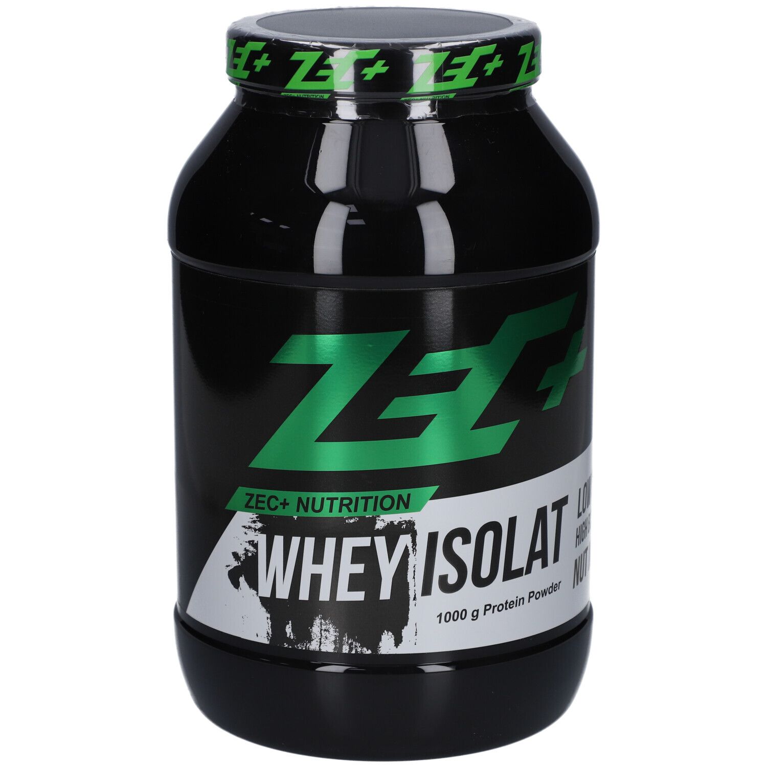 Schwarzer Behälter mit grünem Deckel. Aufschrift: ZEC+ WHEY ISOLAT, 1000 g Protein Powder, Nut Mix.