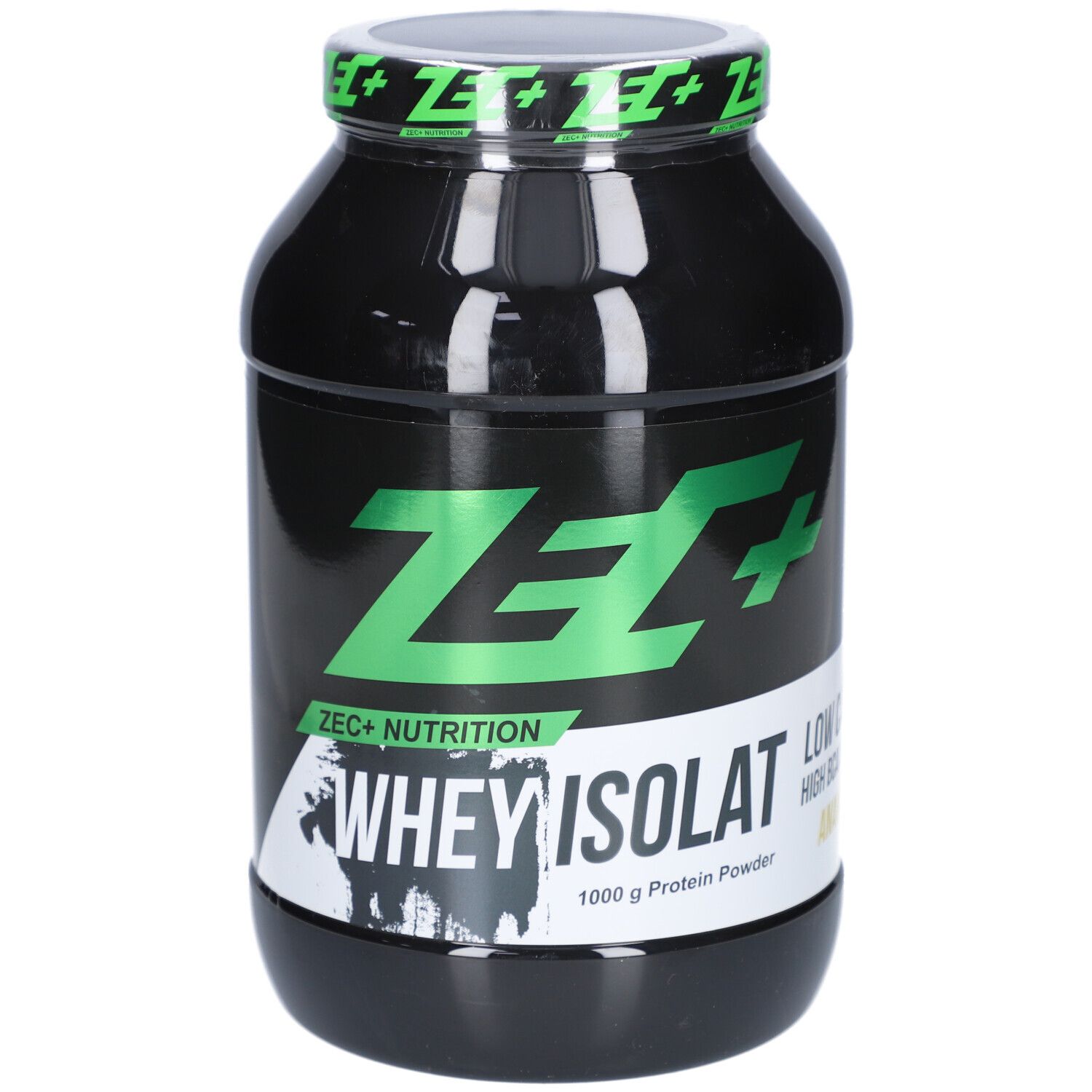 Schwarze Dose mit grünem Deckel und Logo. Aufschrift: ZEC+ WHEY ISOLAT, 1000 g Protein Powder.