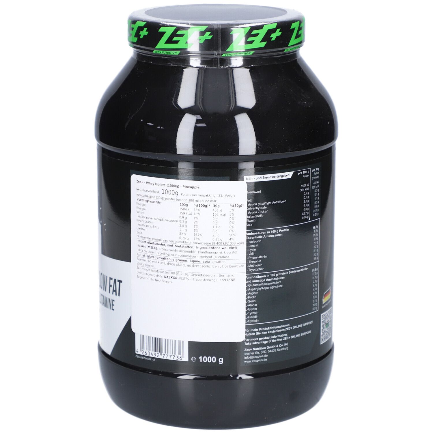 Schwarze Dose mit grünen Logos und Text. Detailansicht der Nährwertangaben und Inhaltsstoffe.