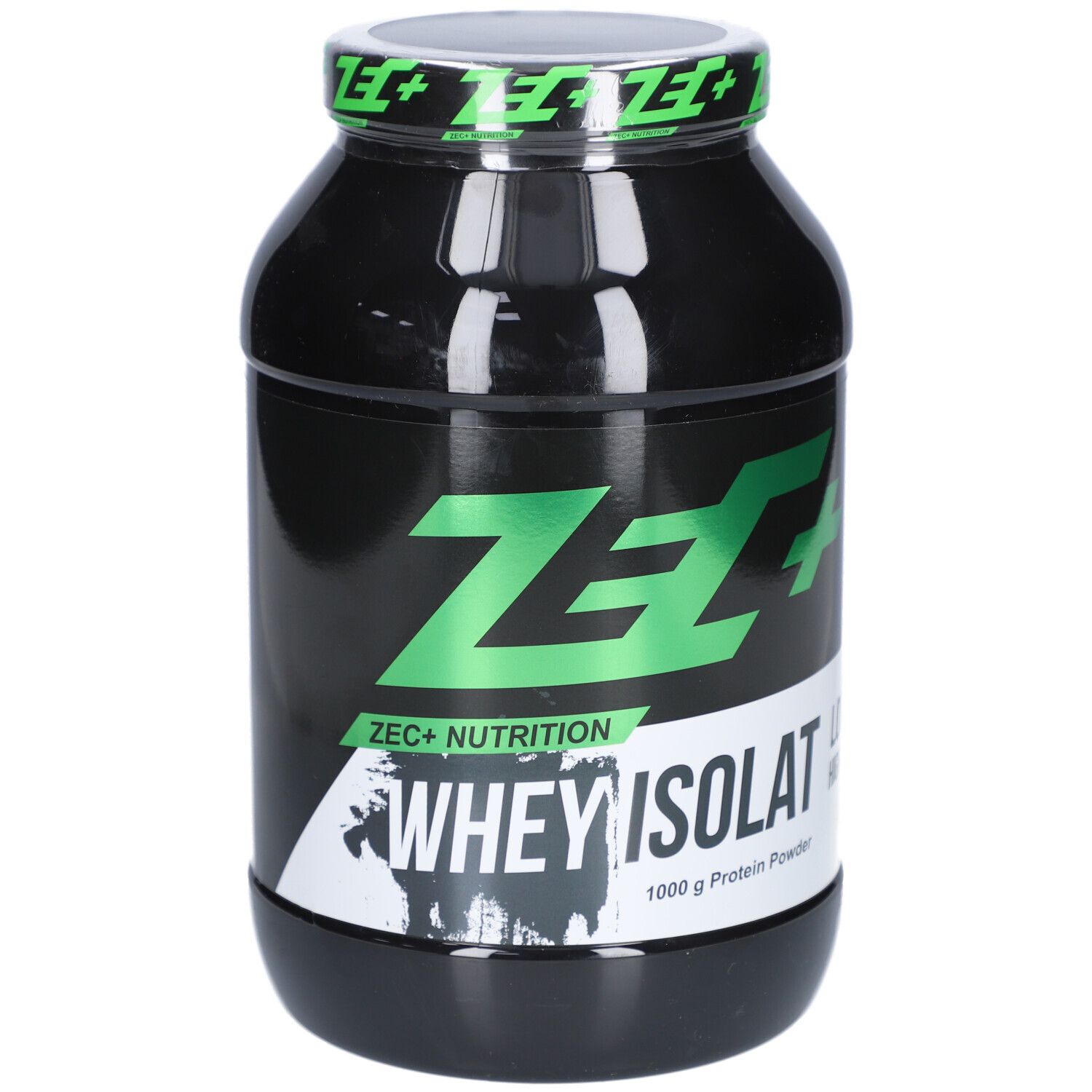 Schwarze Dose mit grünem Logo und Text. Aufschrift: ZEC+ WHEY ISOLAT, 1000 g Protein Powder.