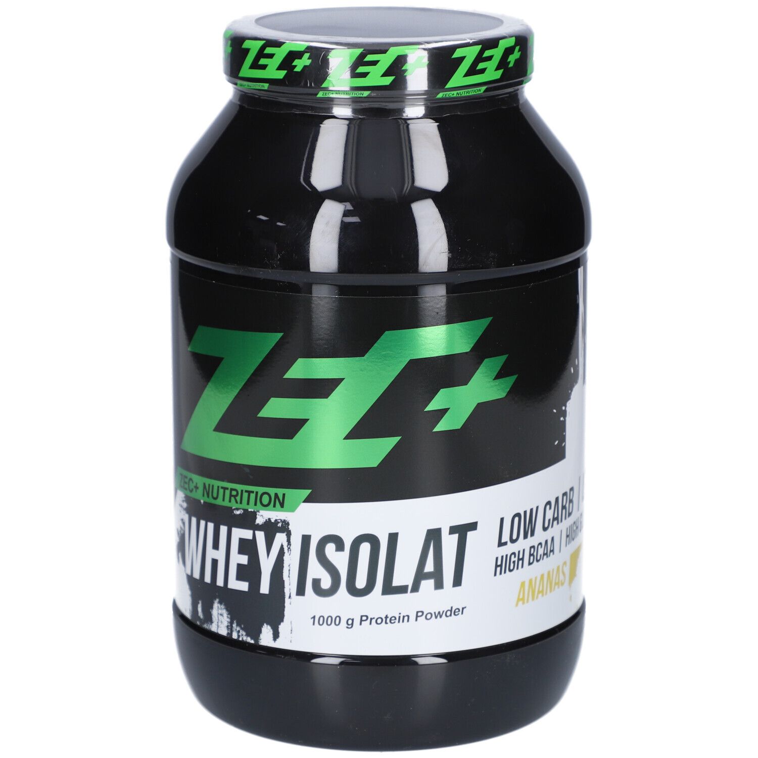 Schwarze Dose mit grünem Logo und Text. Aufschrift: ZEC+ WHEY ISOLAT, LOW CARB, HIGH BCAA, Ananas.