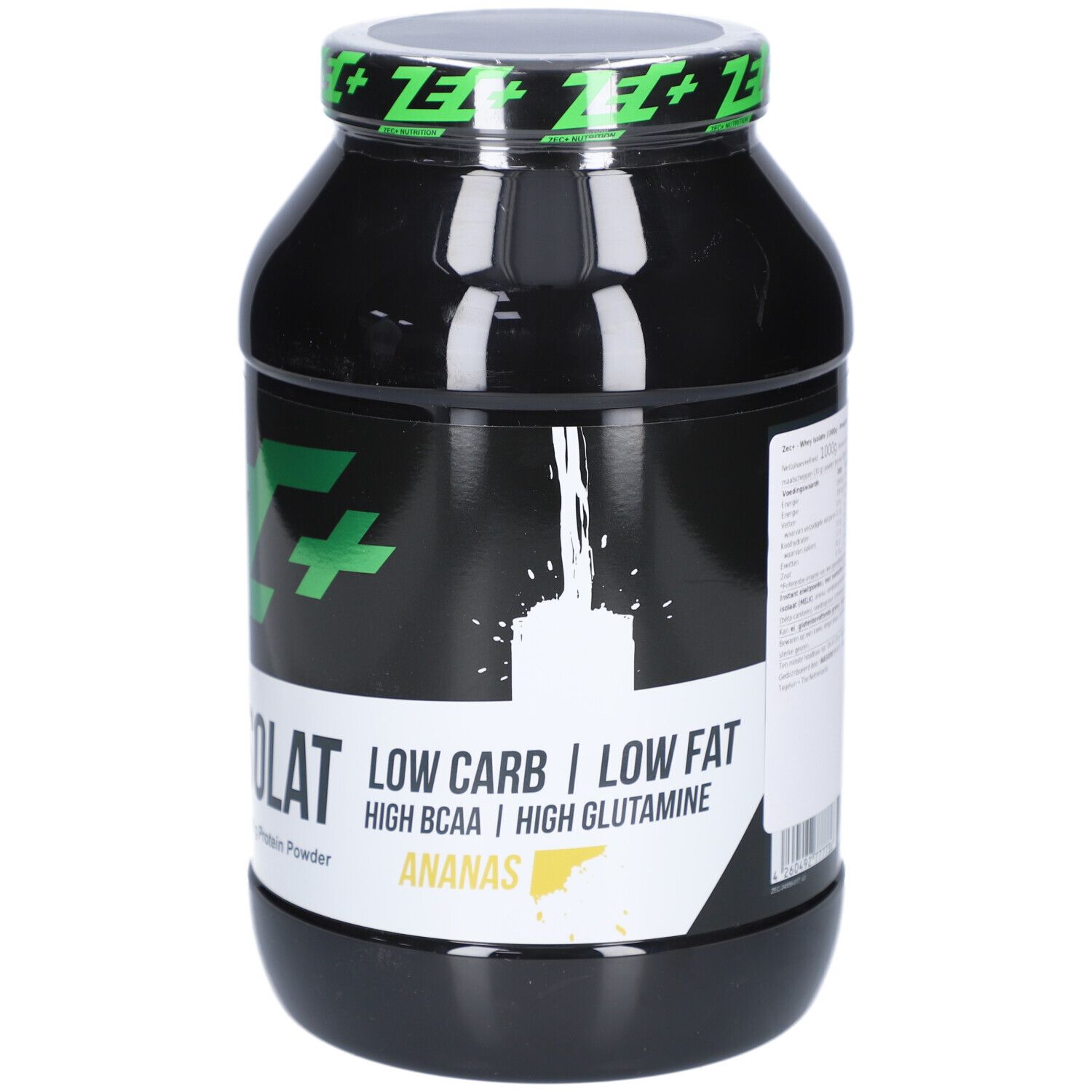 Schwarze Dose mit grünem Logo und Text. Aufschrift: ZEC+ WHEY ISOLAT, LOW CARB, LOW FAT, Ananas.