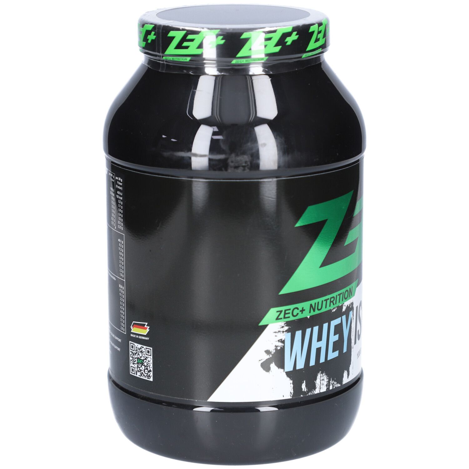 Schwarze Dose mit grünem Deckel. Aufschrift: ZEC+ Nutrition, Whey Isolat. Mit QR-Code und Deutschland-Flagge.