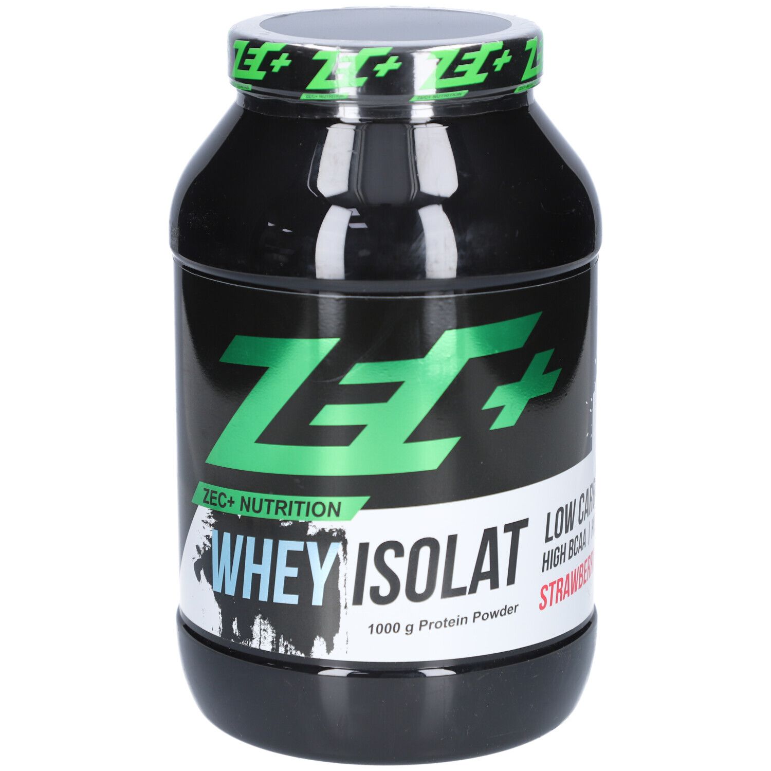 Schwarze Dose mit grünem Deckel. Aufschrift: ZEC+ Nutrition, Whey Isolat, Low Carb, High BCAA, Erdbeere. 1000 g Protein Powder.