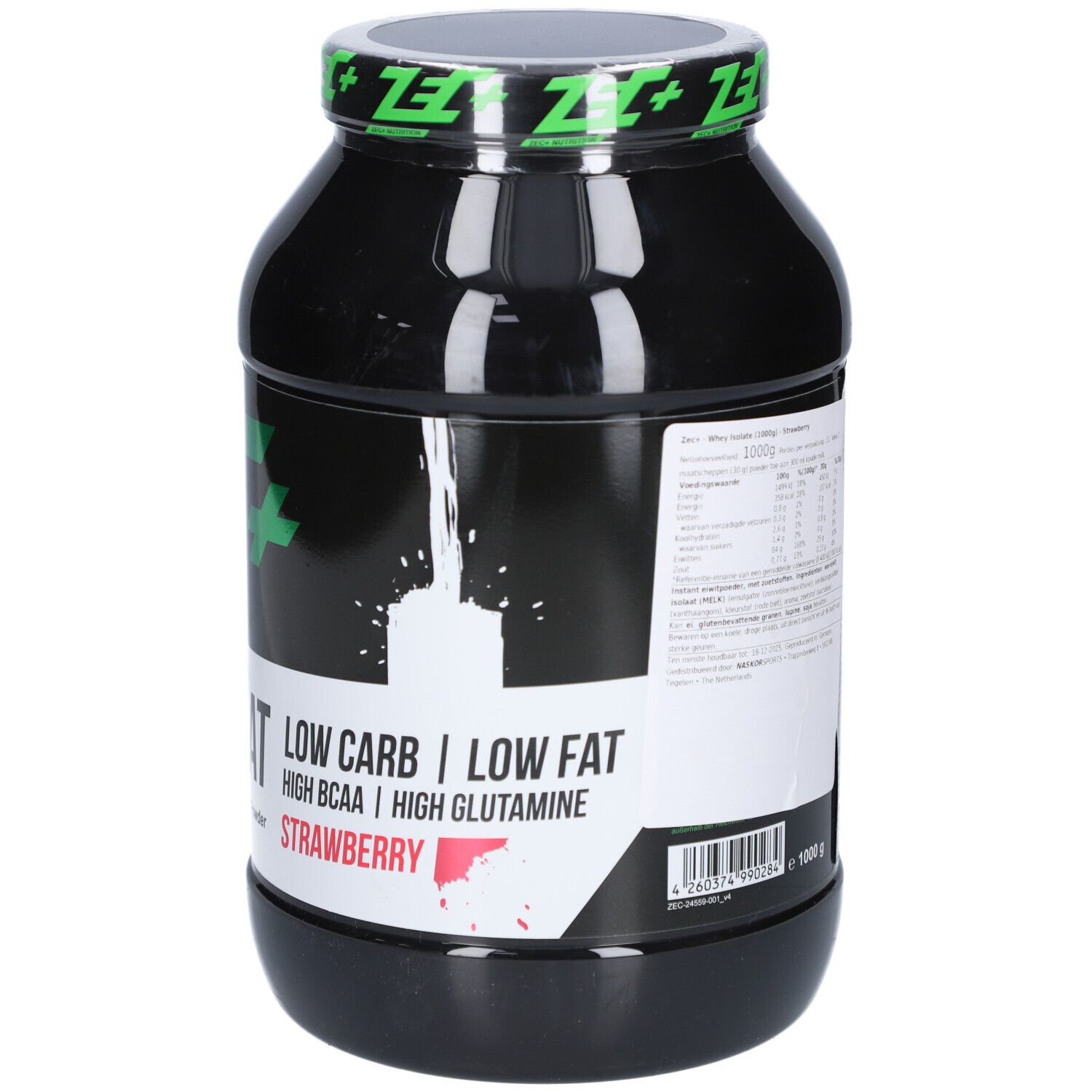 Schwarze Dose mit grünem Deckel. Aufschrift: ZEC+ Nutrition, Whey Isolat, Low Carb, Low Fat, High BCAA, High Glutamine, Erdbeere.