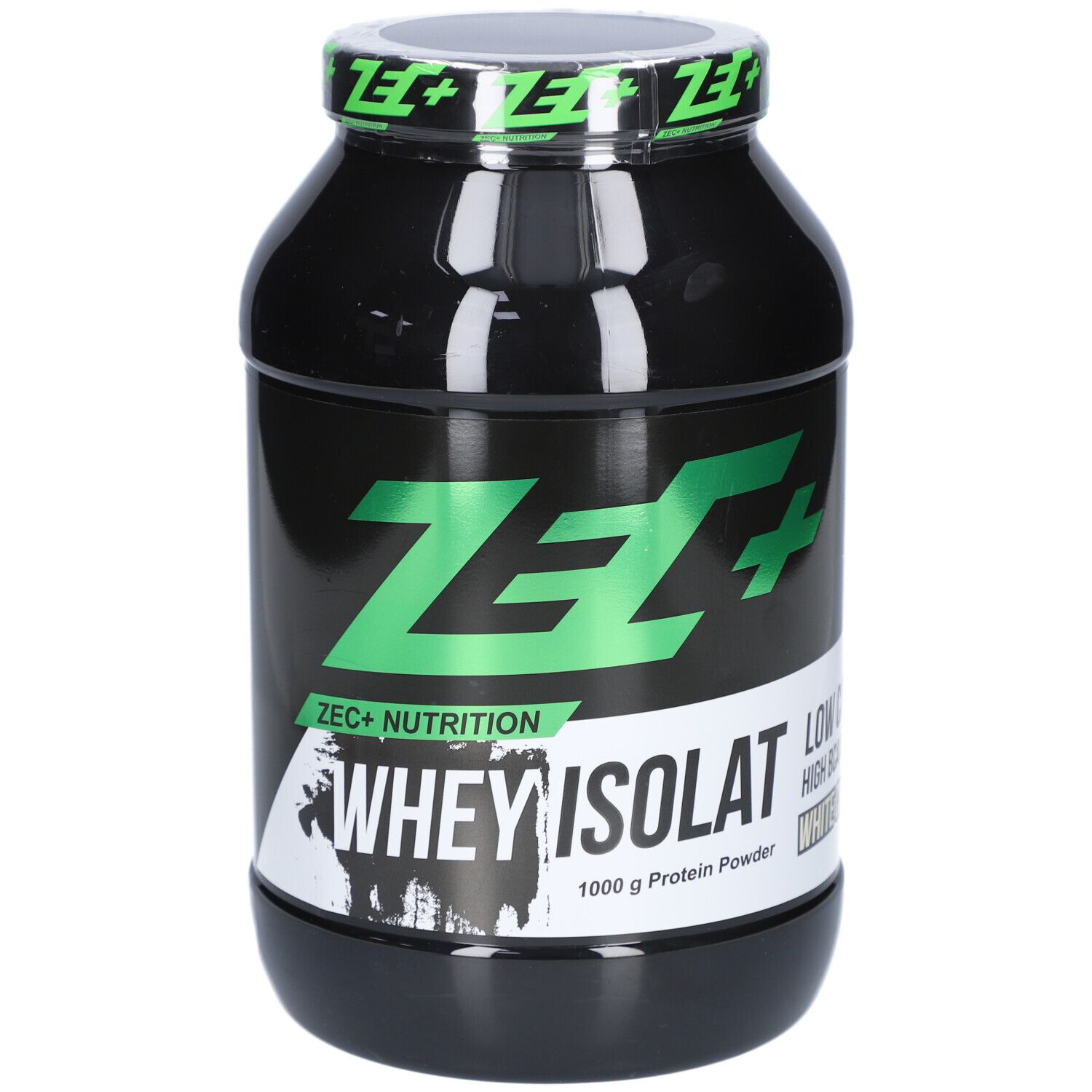 Schwarze Dose mit grünem ZEC+ Logo und Schriftzug Whey Isolat. 1000g Protein Powder.