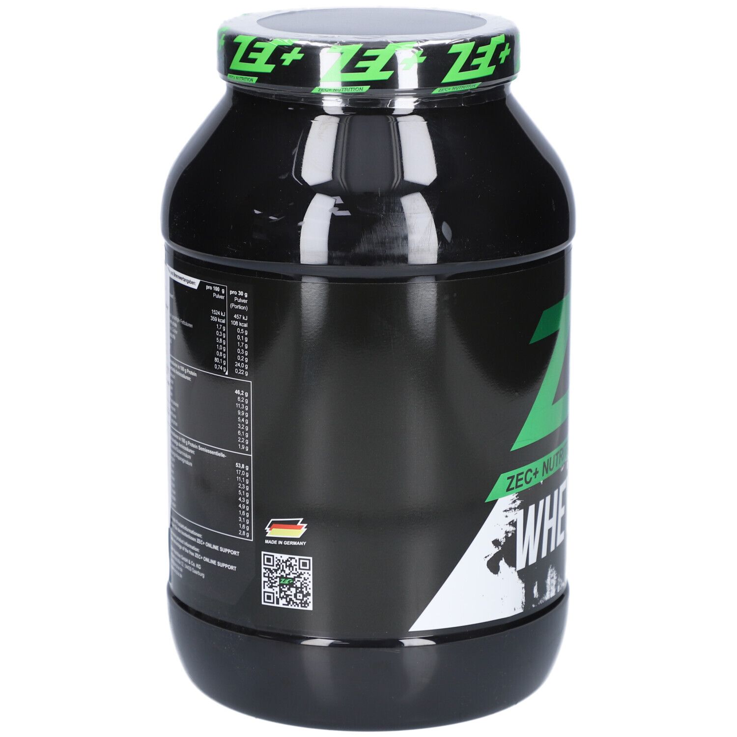 Schwarze Dose mit Nährwertangaben und QR-Code. ZEC+ Logo und Whey Isolat Schriftzug.