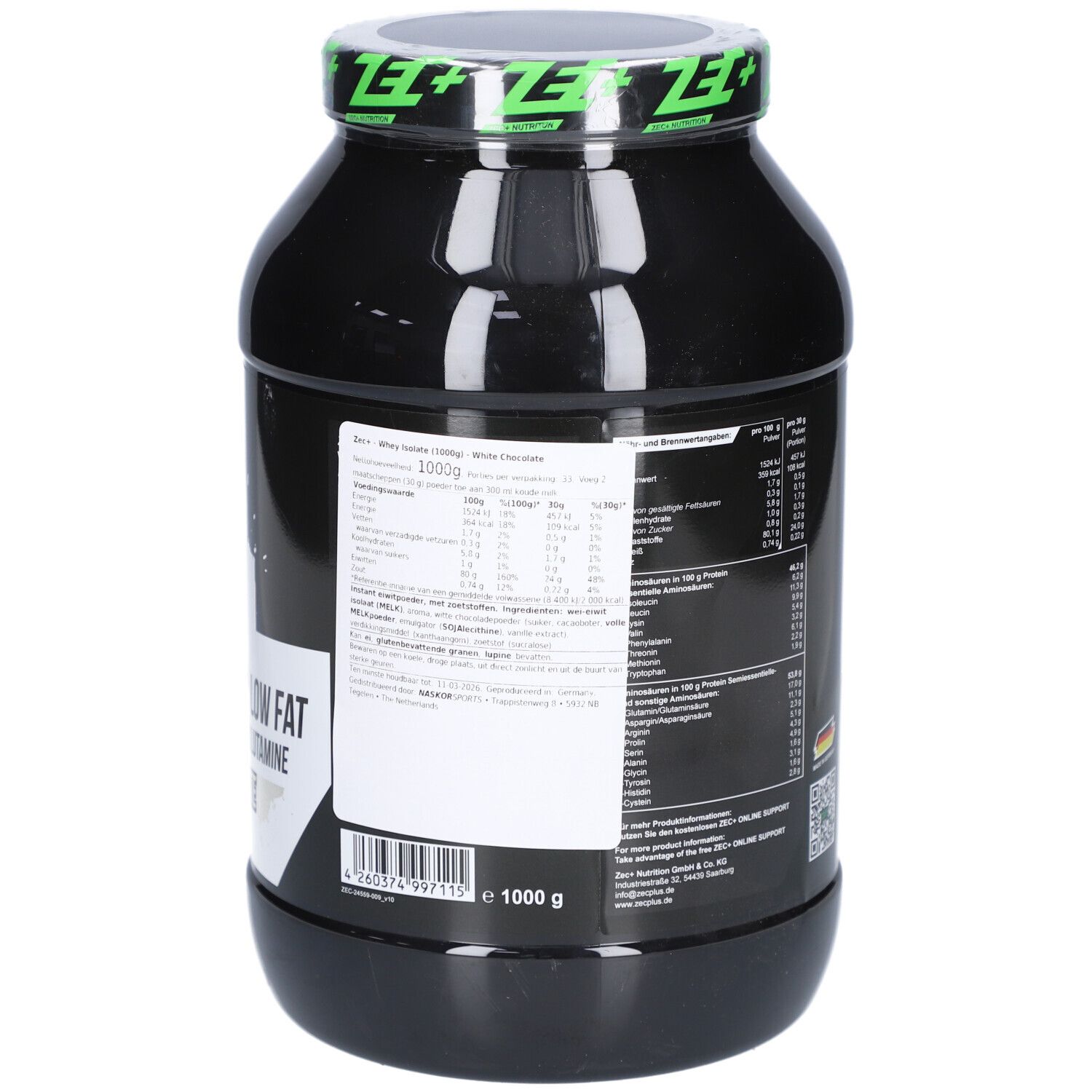 Schwarze Dose mit Nährwertangaben und Produktinformationen. ZEC+ Whey Isolat, 1000g.