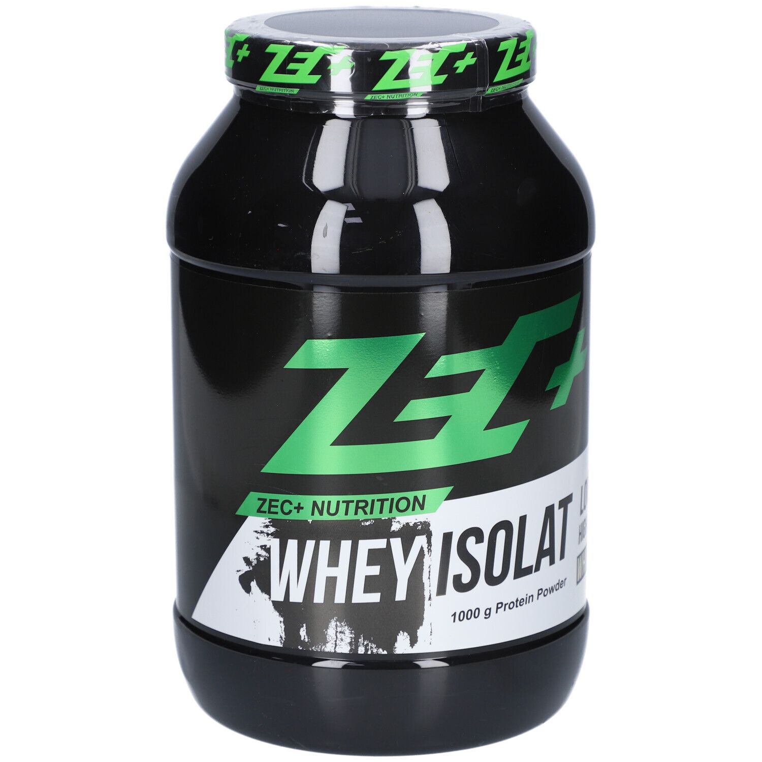 Schwarze Dose mit grünem ZEC+ Logo und Whey Isolat Schriftzug. 1000g Protein Powder.