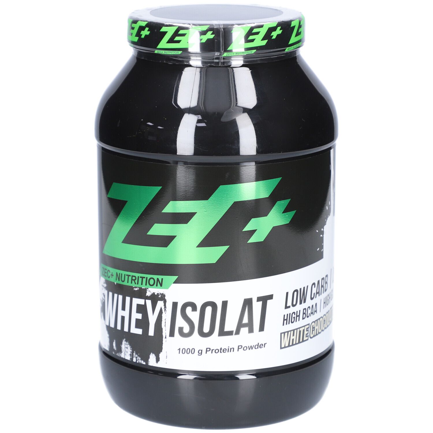 Schwarze Dose mit grünem ZEC+ Logo und Whey Isolat Schriftzug. Low Carb, High BCAA.