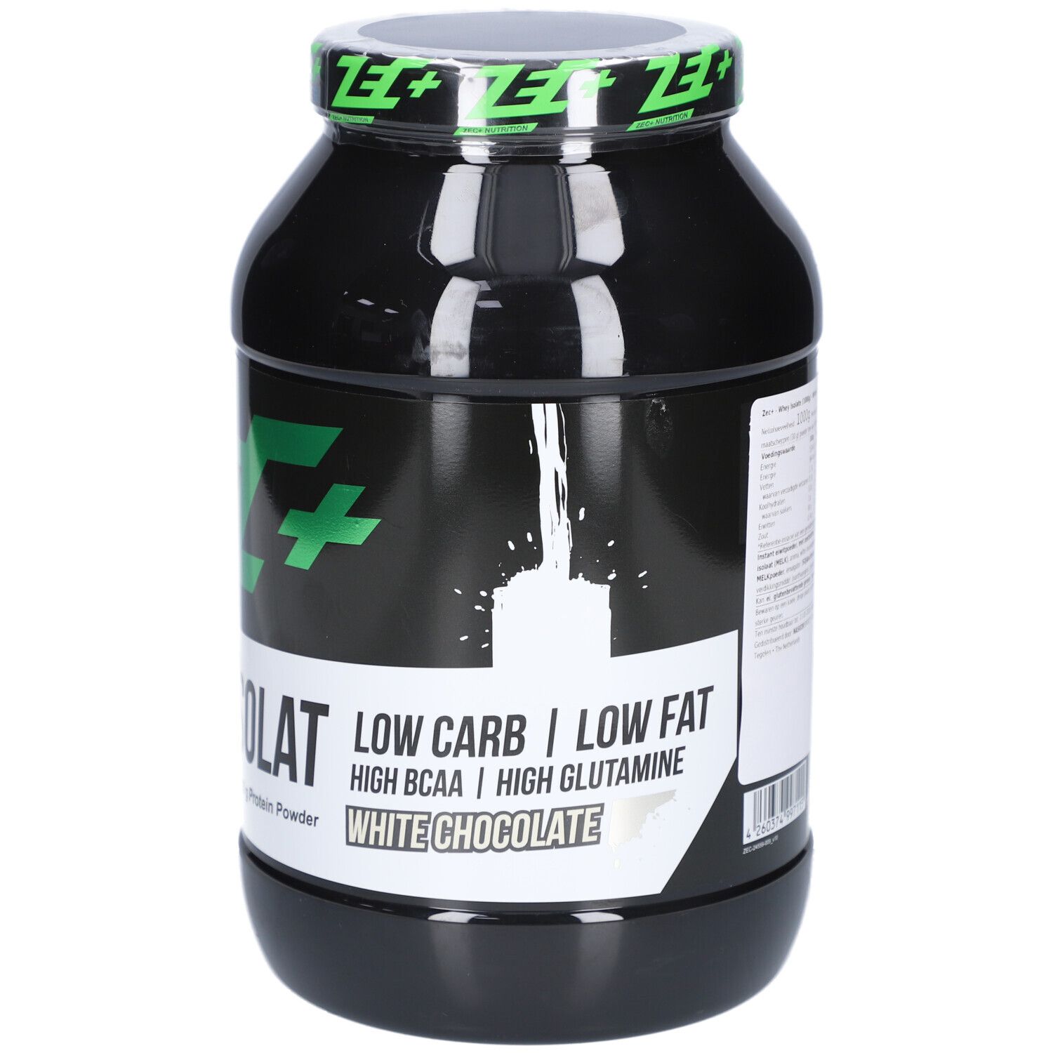 Schwarze Dose mit grünem ZEC+ Logo und Whey Isolat Schriftzug. Low Carb, Low Fat, White Chocolate.