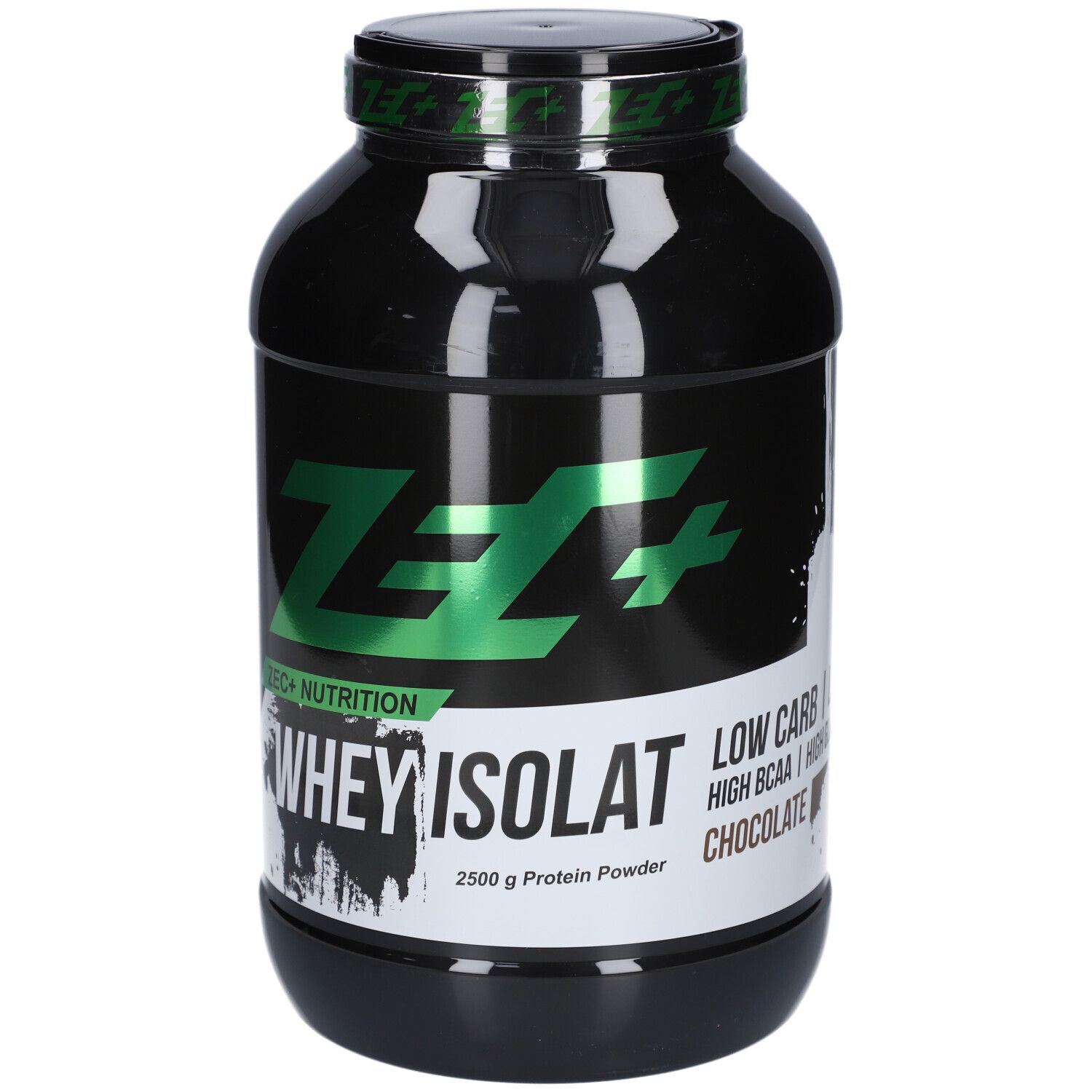 Schwarze Dose mit grünem Deckel. Aufschrift: ZEC+ WHEY ISOLAT, 2500 g Protein Powder, Low Carb, Chocolate.