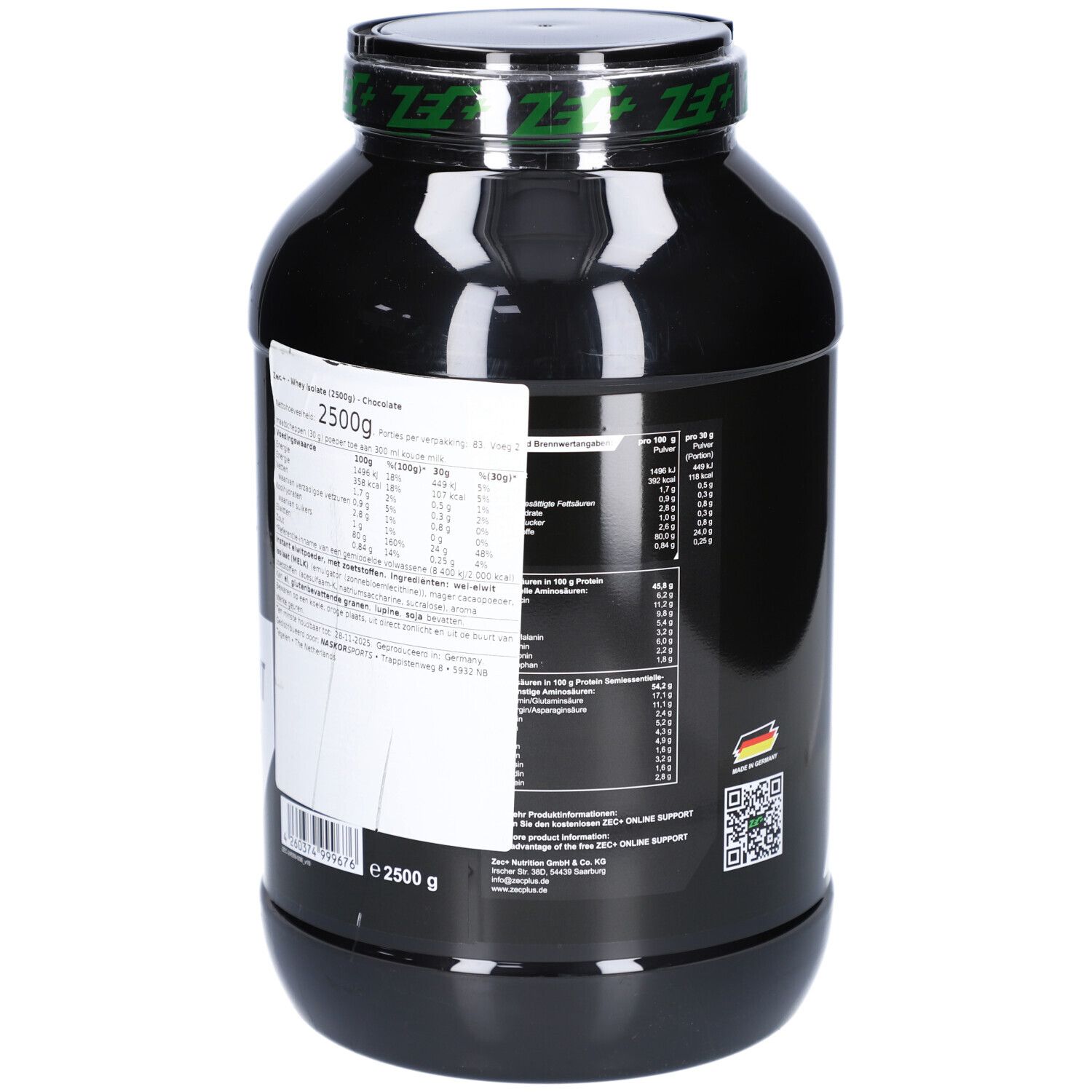 Schwarze Dose mit grünem Deckel. Rückseite mit Nährwertangaben und QR-Code. 2500g.
