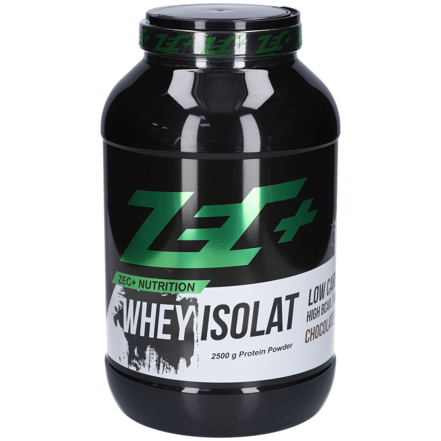 Schwarze Dose mit grünem Deckel. Aufschrift: ZEC+ WHEY ISOLAT, 2500 g Protein Powder.