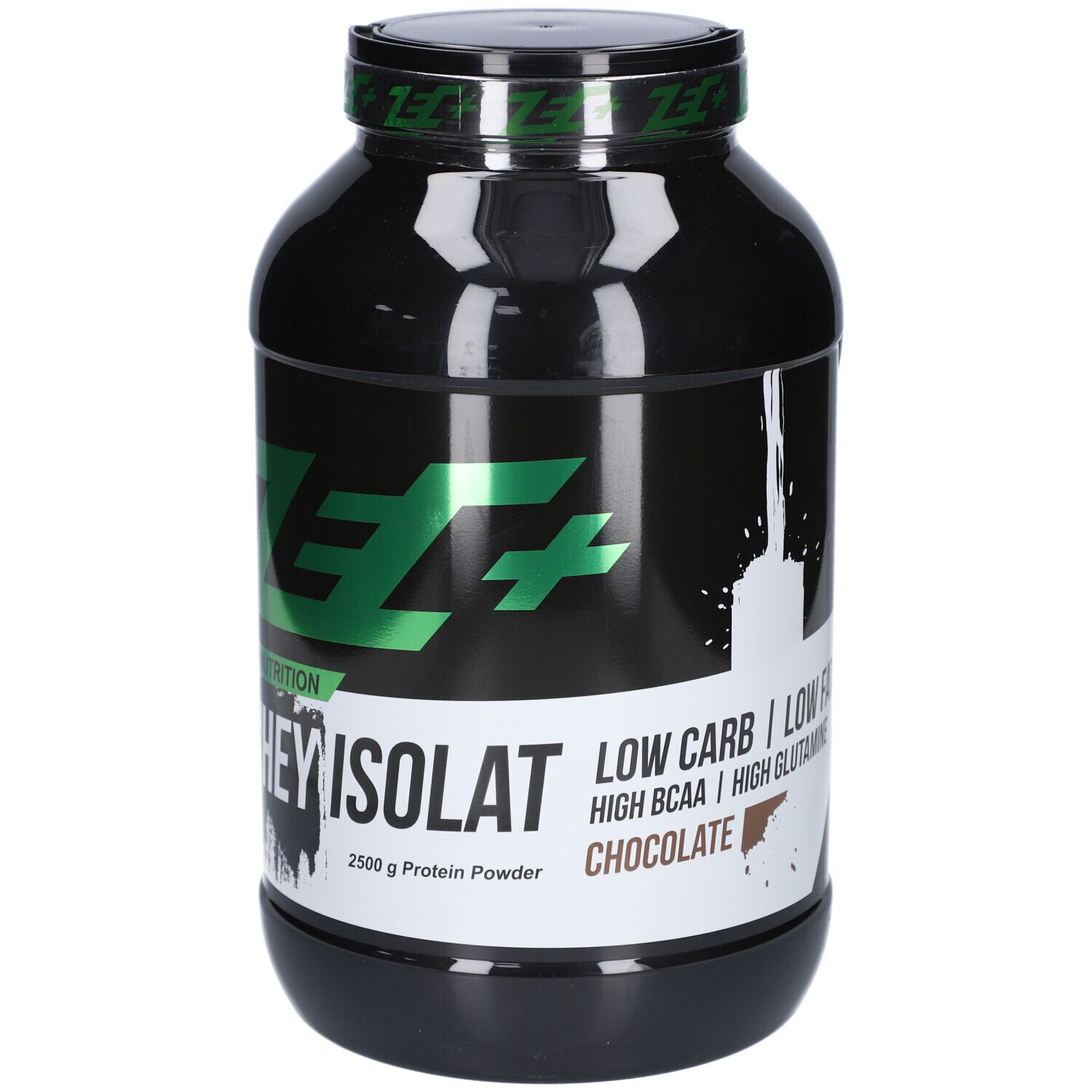 Schwarze Dose mit grünem Deckel. Aufschrift: ZEC+ WHEY ISOLAT, 2500 g Protein Powder, Chocolate.