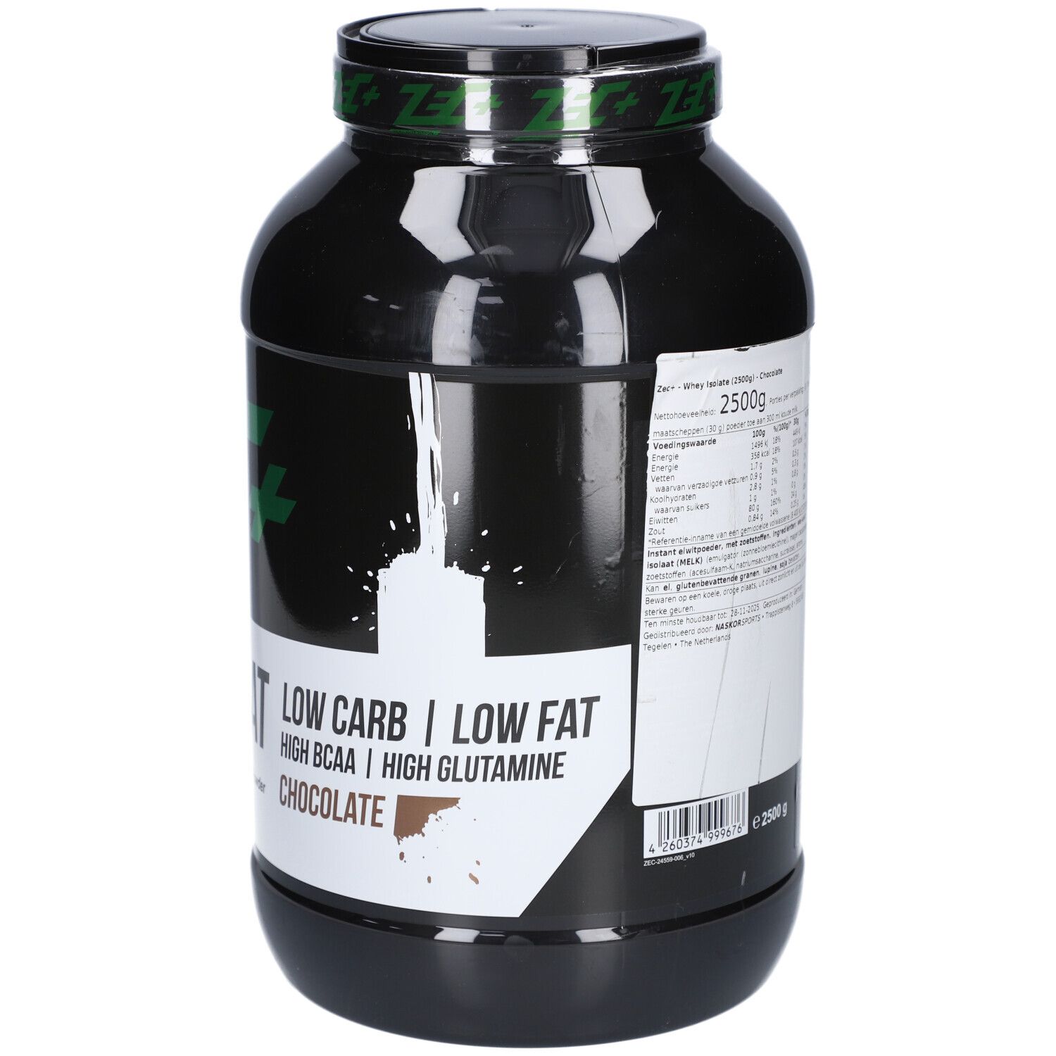 Schwarze Dose mit grünem Deckel. Aufschrift: ZEC+ WHEY ISOLAT, Low Carb, High BCAA, Chocolate.