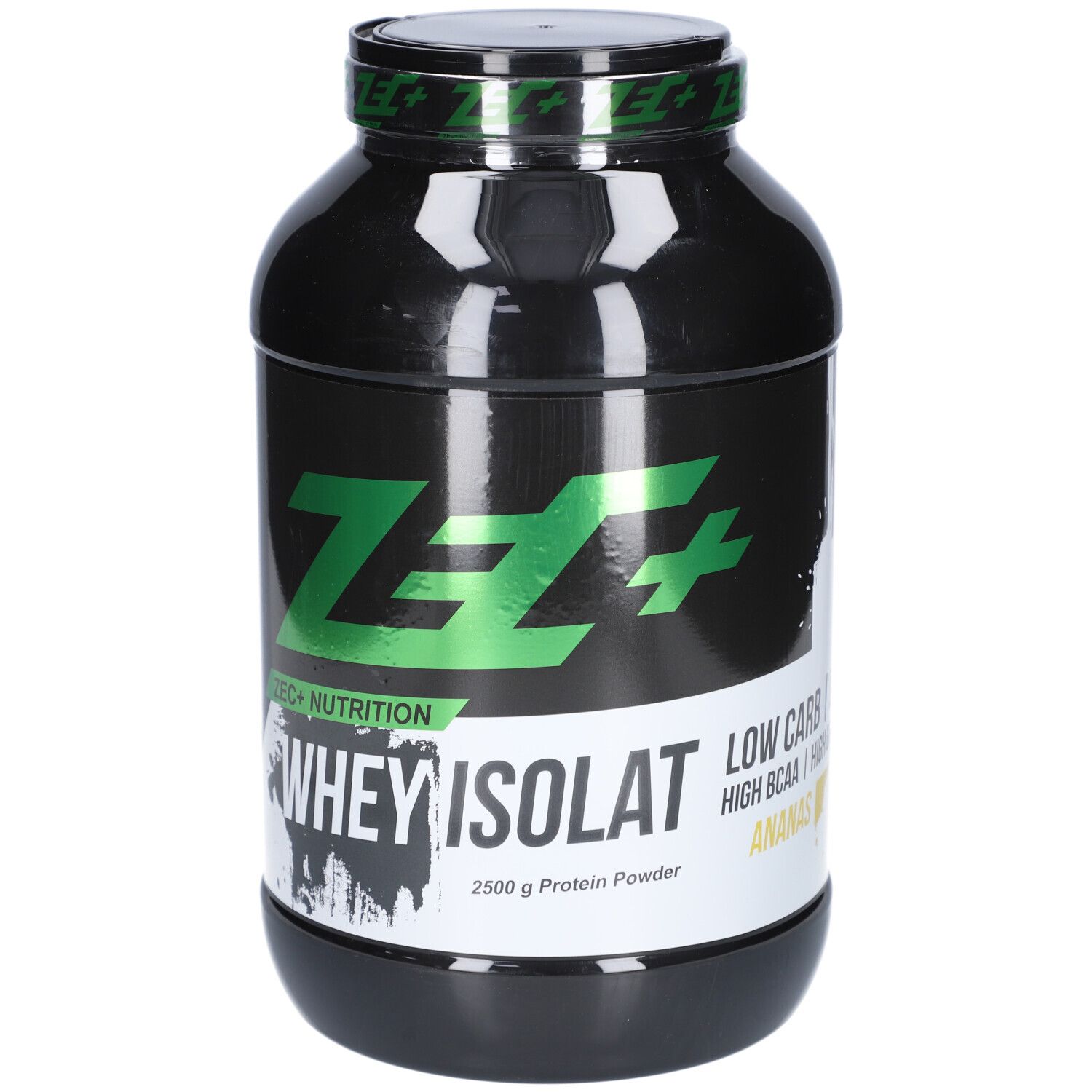 Schwarze Dose mit grünem Logo. Aufschrift: WHEY ISOLAT, 2500 g Protein Powder, Ananas. Deckel mit grünem Logo.