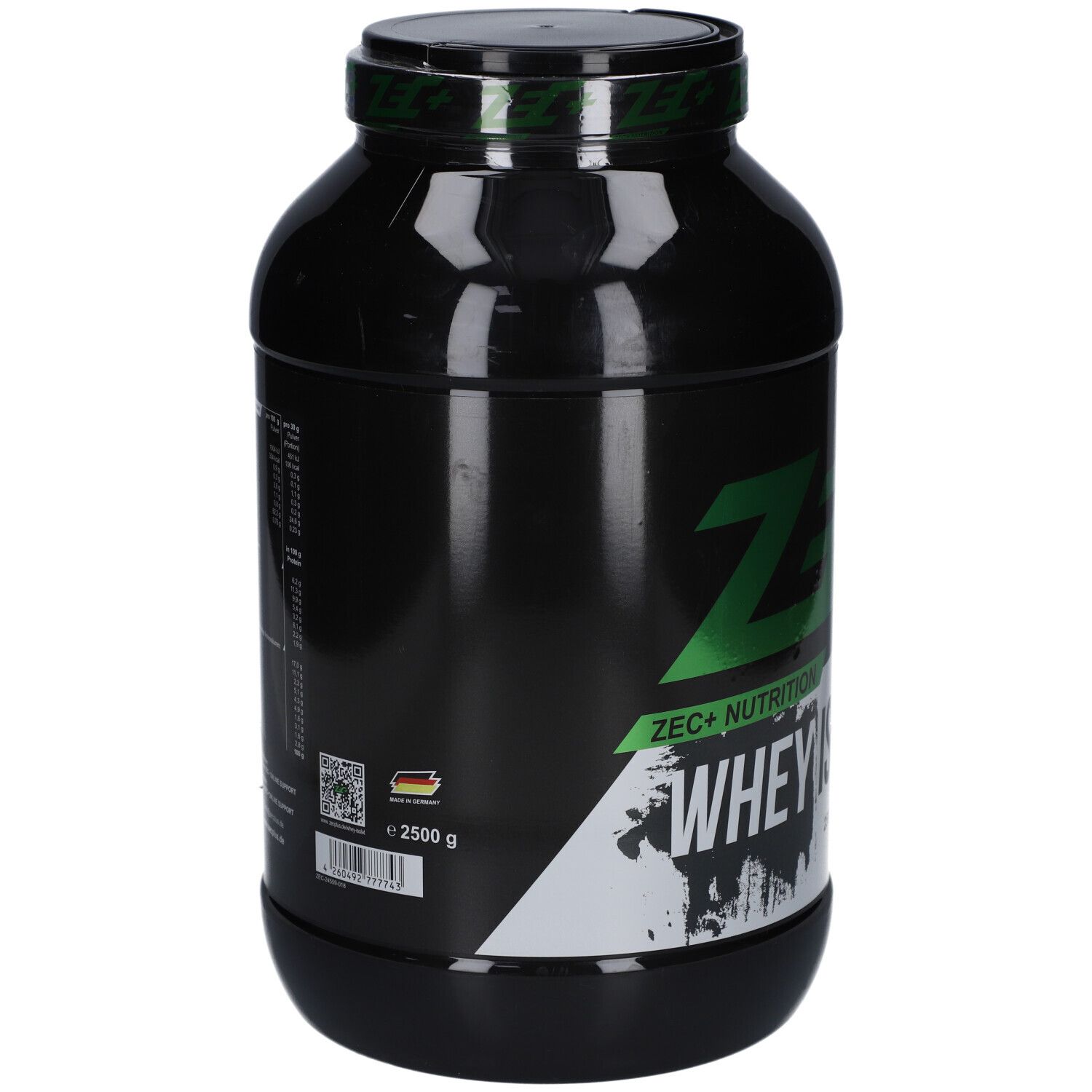 Schwarze Dose mit grünem Logo. Aufschrift: WHEY ISOLAT. Rückseite mit Nährwertangaben und Herkunftsland.