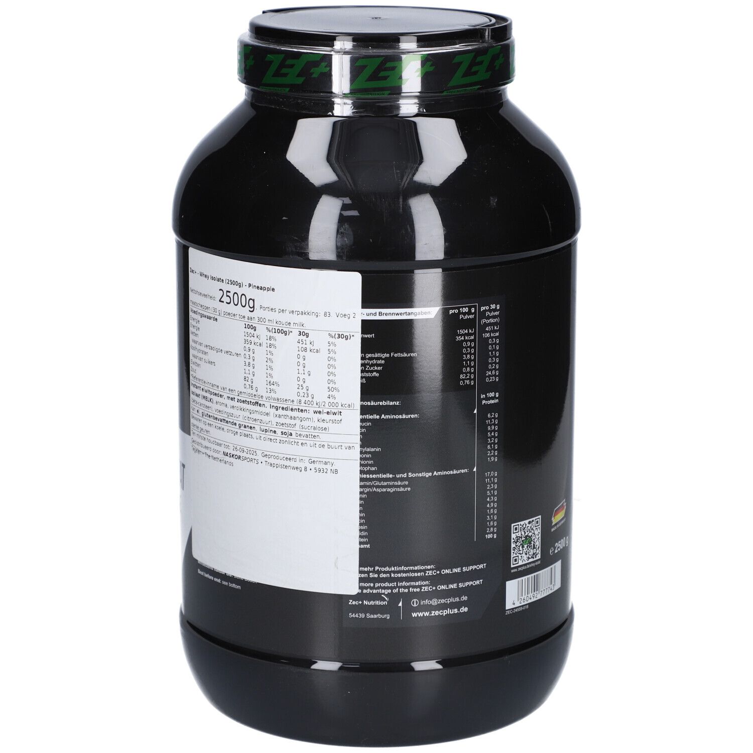 Schwarze Dose mit grünem Logo. Rückseite mit Nährwertangaben, Zutatenliste und Herstellerinformationen.