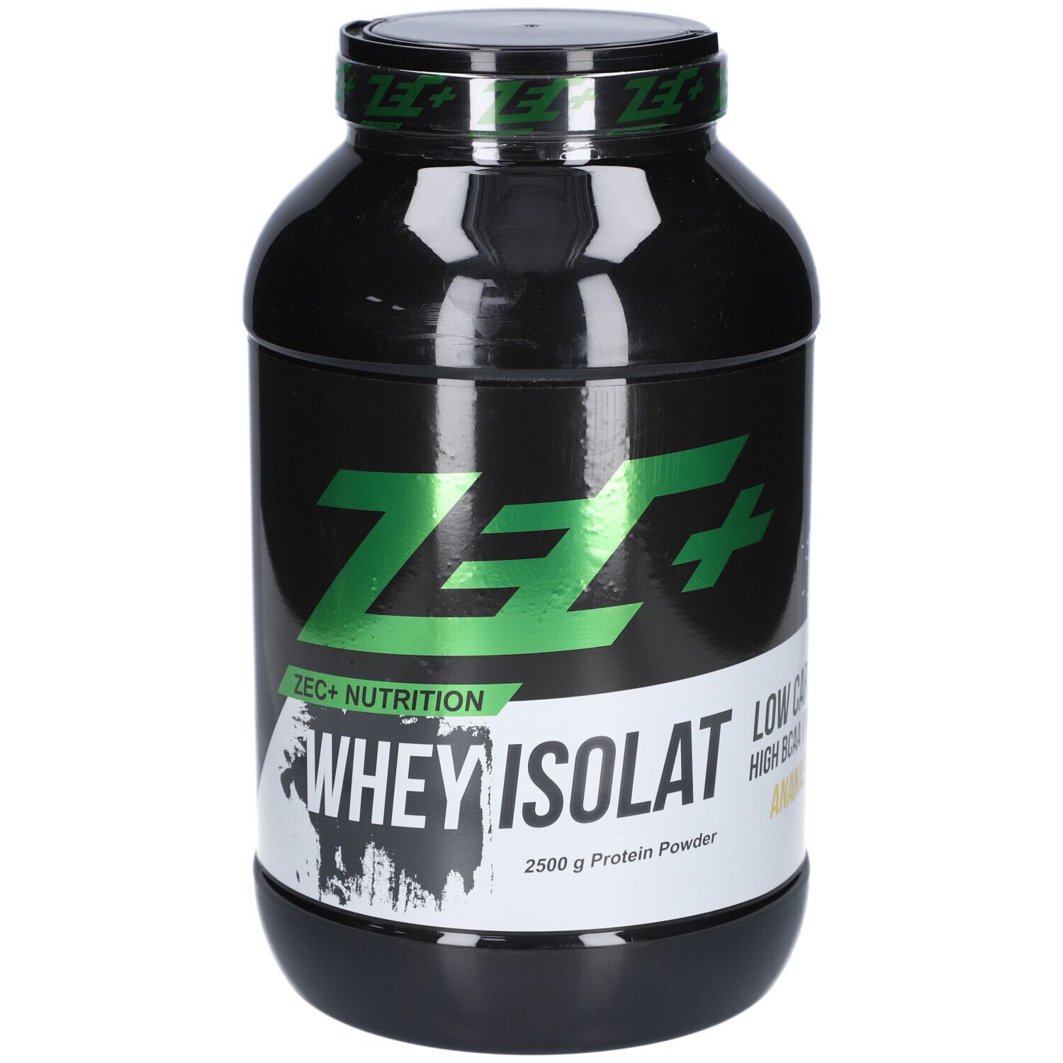 Schwarze Dose mit grünem Logo. Aufschrift: WHEY ISOLAT, 2500 g Protein Powder. Deckel mit grünem Logo.