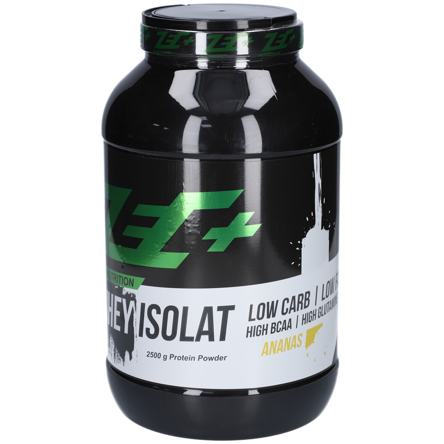 Schwarze Dose mit grünem Logo. Aufschrift: WHEY ISOLAT, 2500 g Protein Powder, Ananas. Deckel mit grünem Logo.