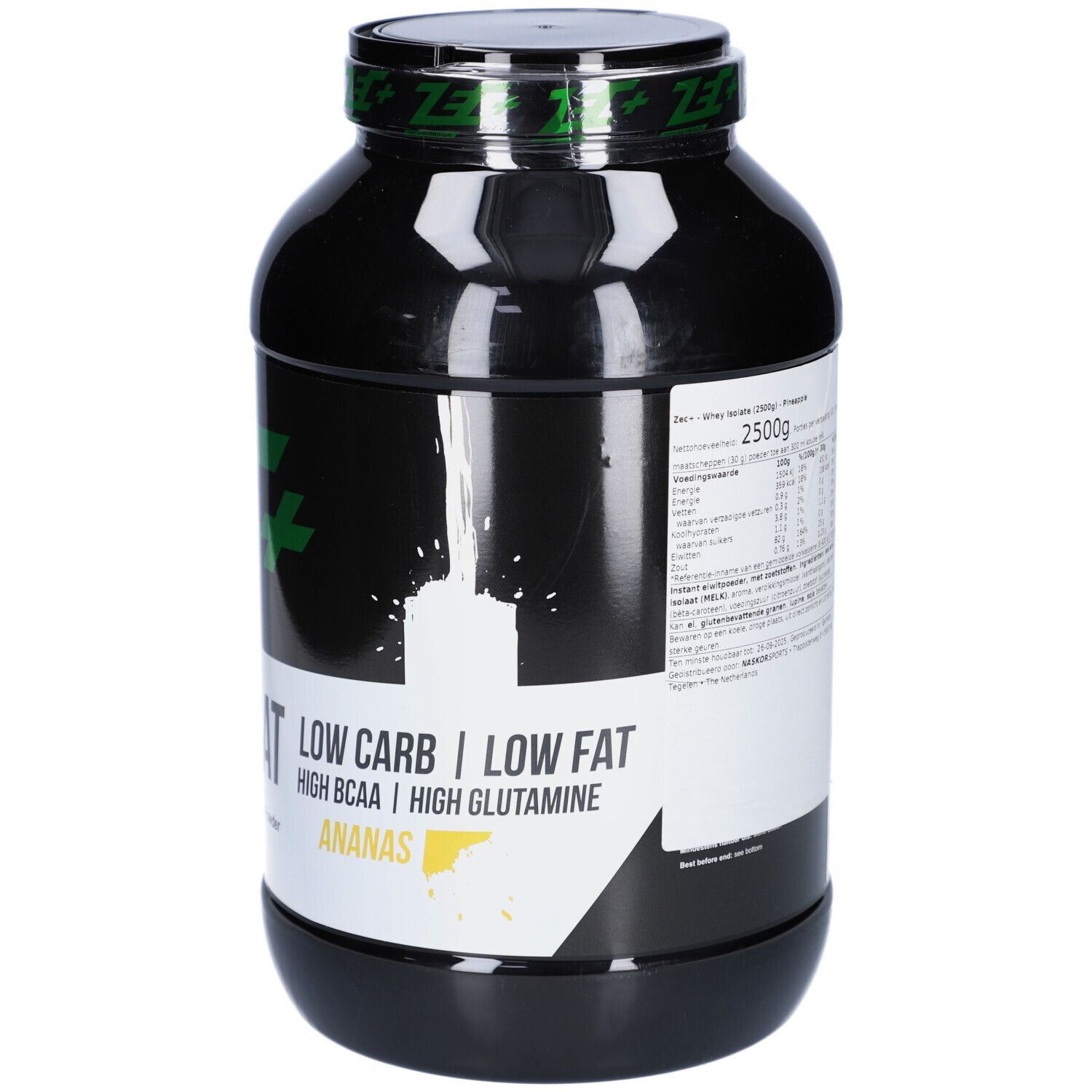Schwarze Dose mit grünem Logo. Aufschrift: WHEY ISOLAT, Ananas. Deckel mit grünem Logo. Angaben zu Low Carb/Fat.