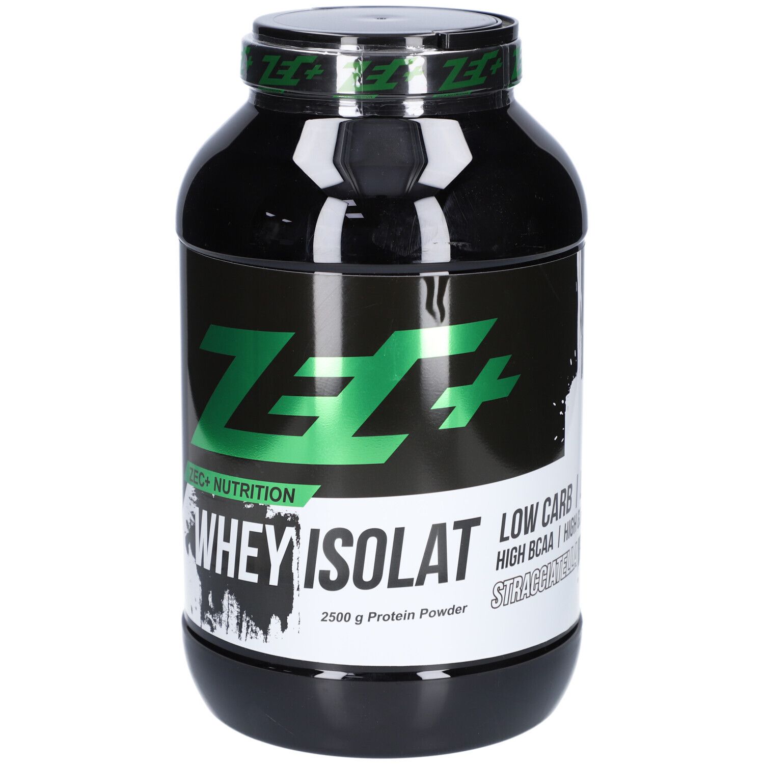 Schwarze Dose mit grünem ZEC+ Logo und Aufschrift Whey Isolat. 2500 g Protein Powder. Stracciatella.