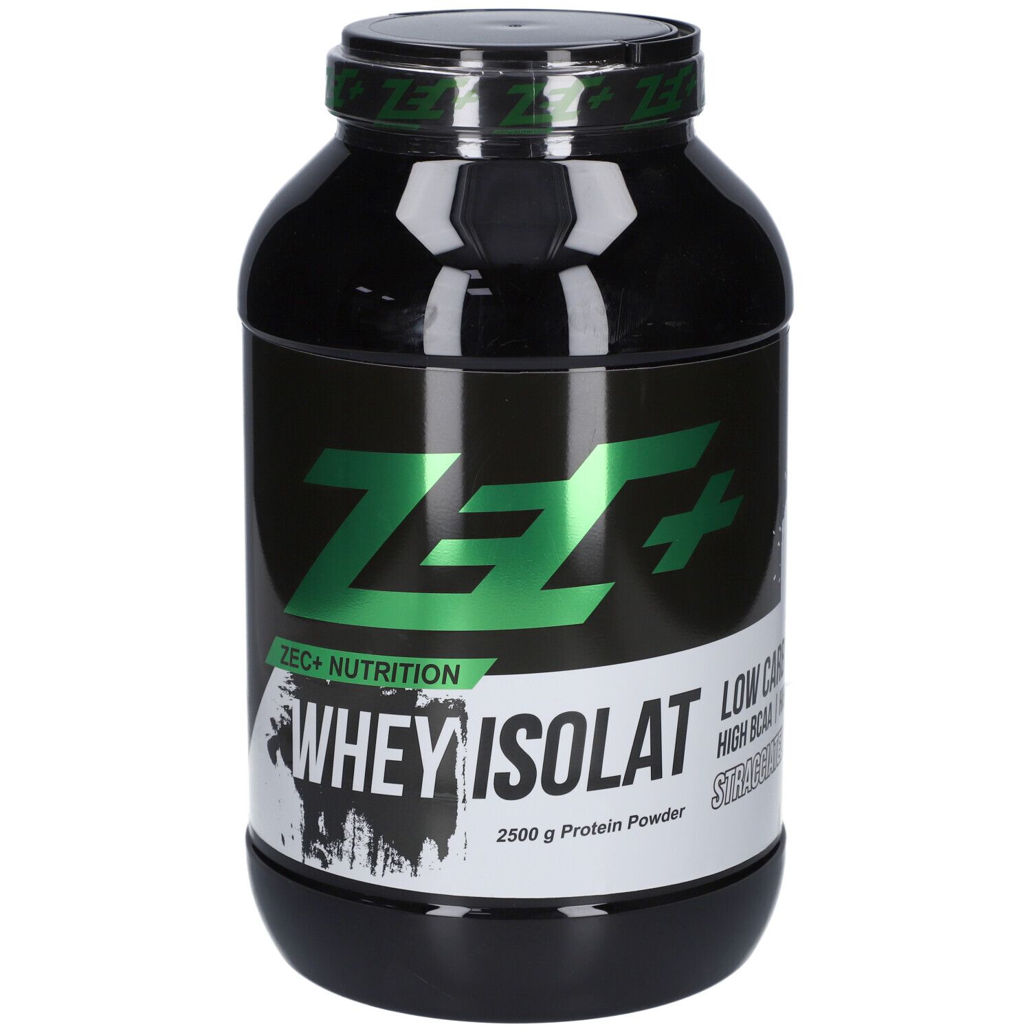 Schwarze Dose mit grünem ZEC+ Logo und Aufschrift Whey Isolat. 2500 g Protein Powder.